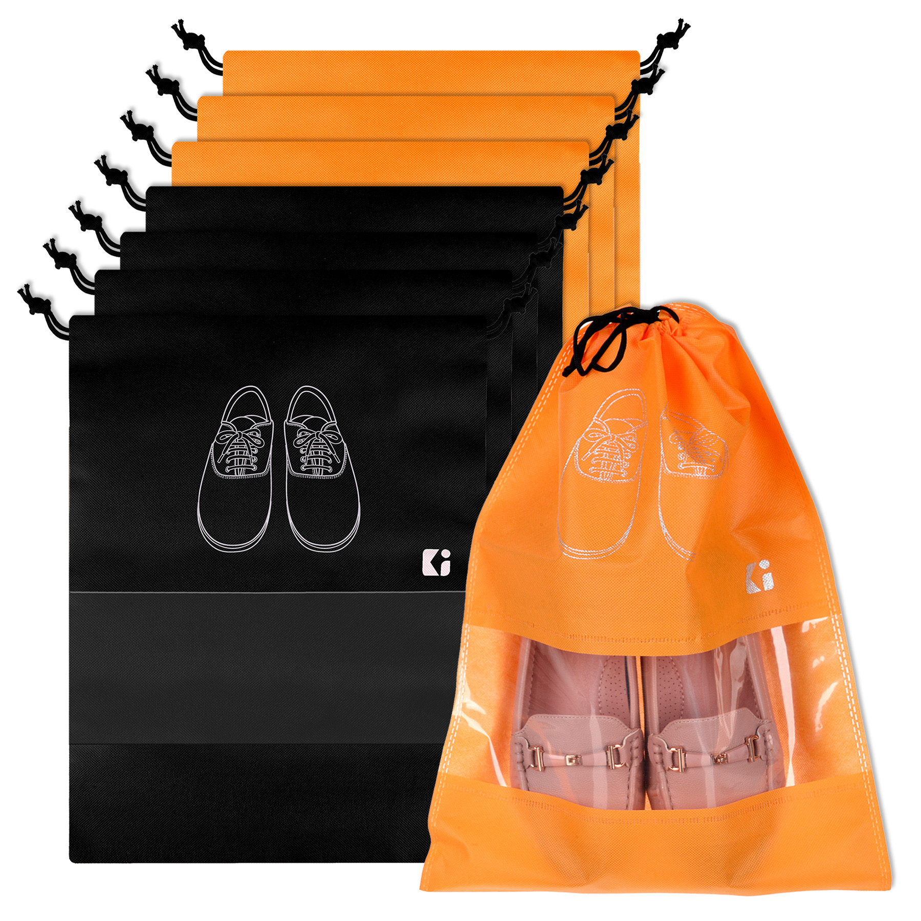 Kuber Industries Shoe Bags | Shoe Bags for Travel | Non-Woven Shoe Storage Bags | Storage Organizers Set | Shoe Cover with Transparent Window | Shoe Dori Cover | Black & Orange
