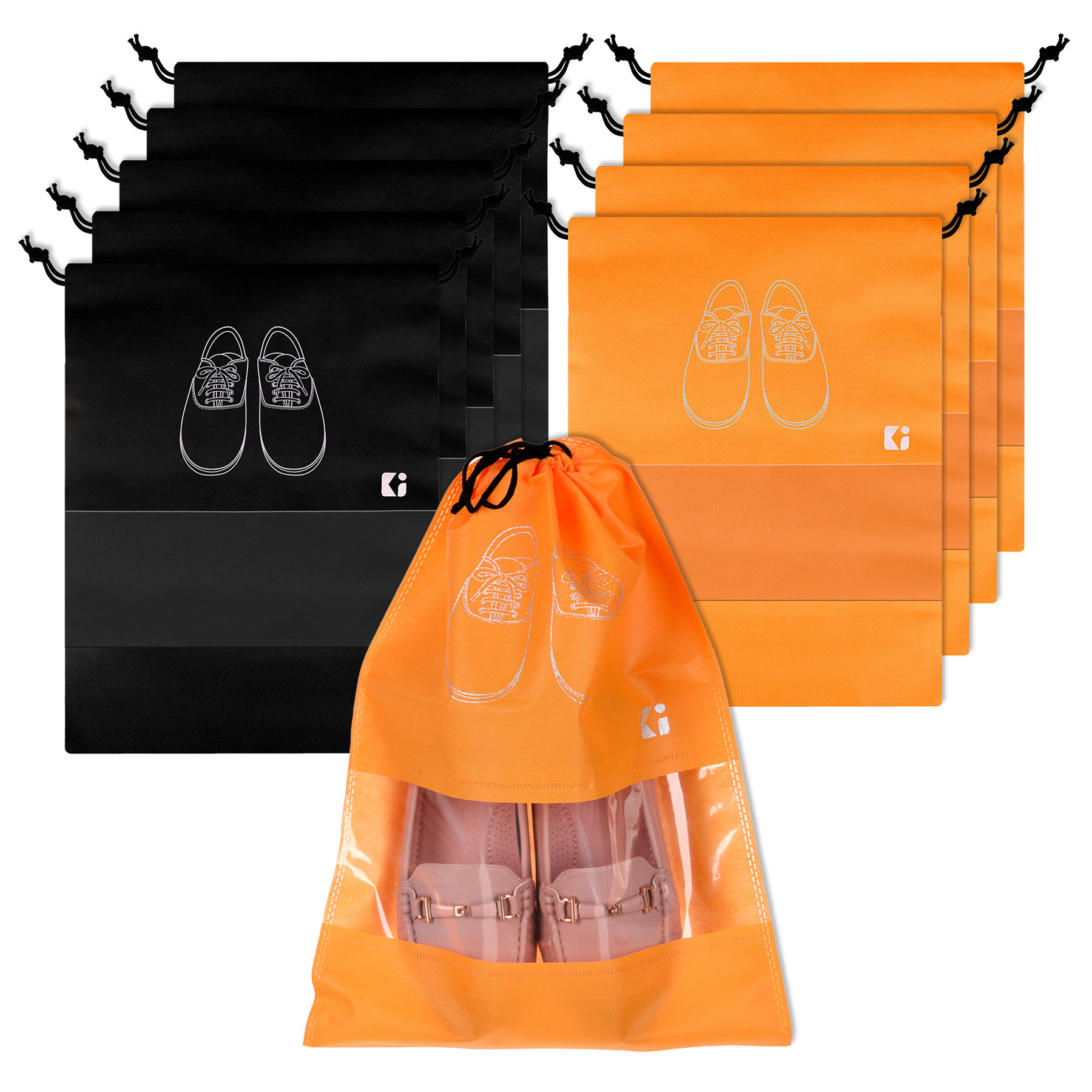 Kuber Industries Shoe Bags | Shoe Bags for Travel | Non-Woven Shoe Storage Bags | Storage Organizers Set | Shoe Cover with Transparent Window | Shoe Dori Cover | Black & Orange