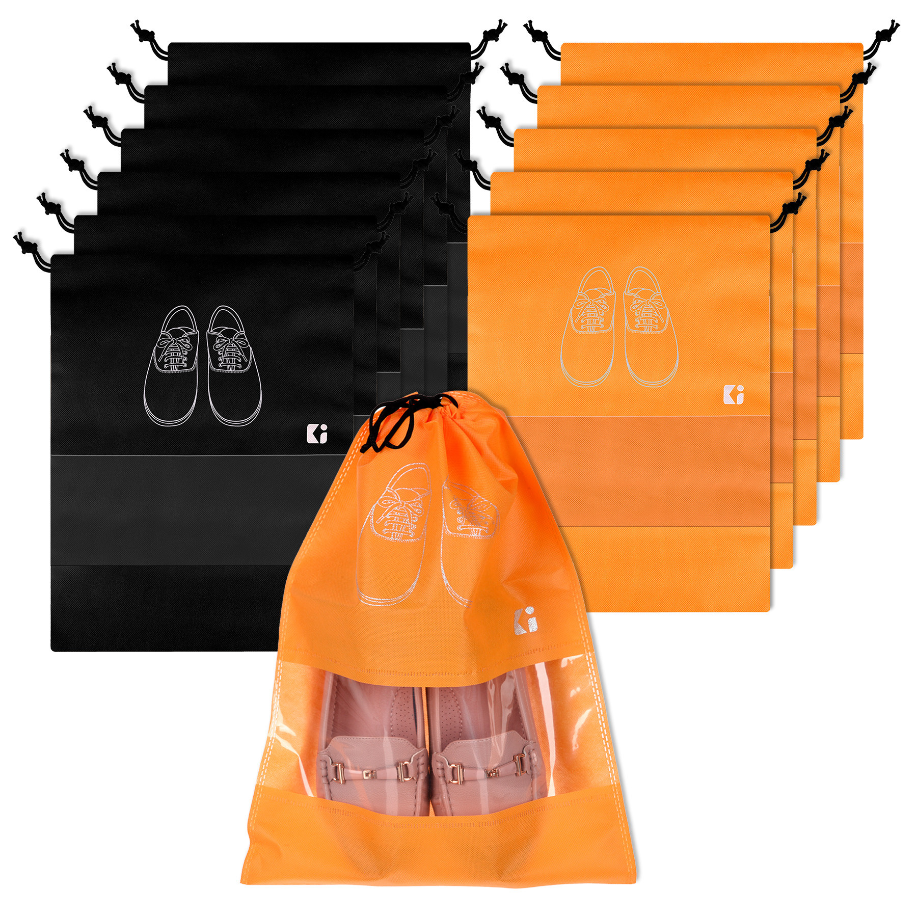 Kuber Industries Shoe Bags | Shoe Bags for Travel | Non-Woven Shoe Storage Bags | Storage Organizers Set | Shoe Cover with Transparent Window | Shoe Dori Cover | Black & Orange