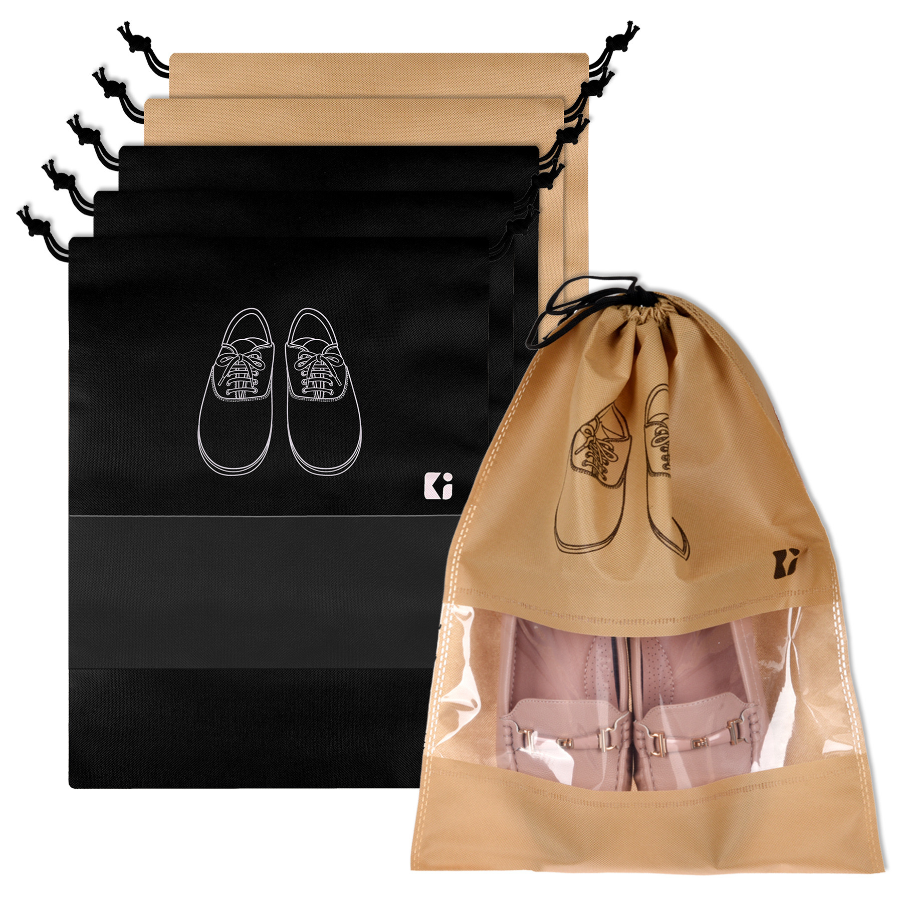 Kuber Industries Shoe Bags | Shoe Bags for Travel | Non-Woven Shoe Storage Bags | Storage Organizers Set | Shoe Cover with Transparent Window | Shoe Dori Cover | Black & Beige