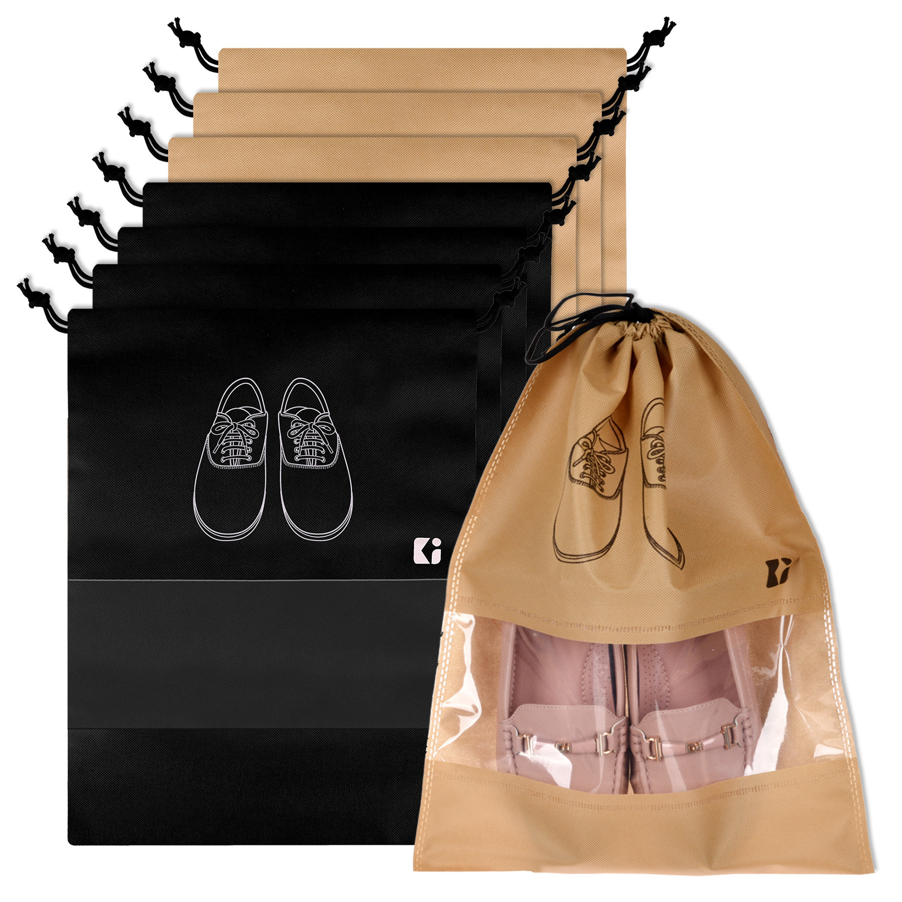 Kuber Industries Shoe Bags | Shoe Bags for Travel | Non-Woven Shoe Storage Bags | Storage Organizers Set | Shoe Cover with Transparent Window | Shoe Dori Cover | Black & Beige