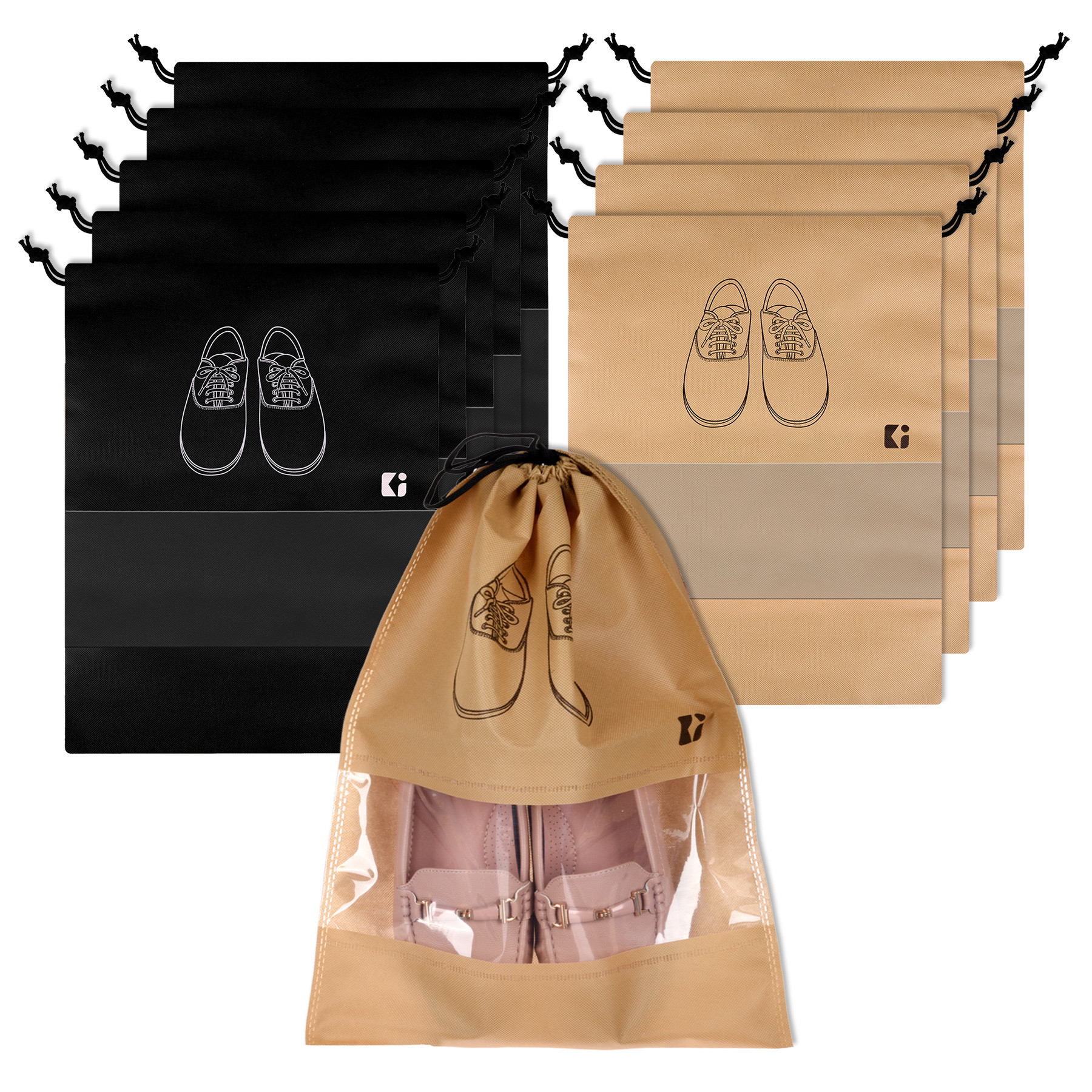 Kuber Industries Shoe Bags | Shoe Bags for Travel | Non-Woven Shoe Storage Bags | Storage Organizers Set | Shoe Cover with Transparent Window | Shoe Dori Cover | Black & Beige