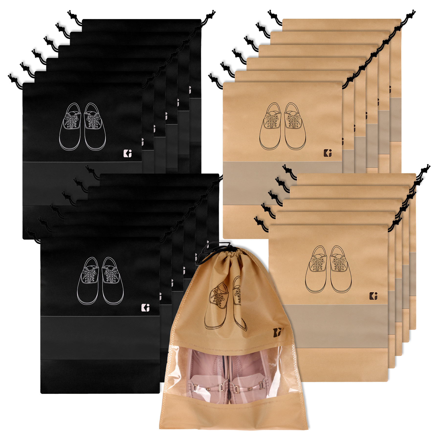Kuber Industries Shoe Bags | Shoe Bags for Travel | Non-Woven Shoe Storage Bags | Storage Organizers Set | Shoe Cover with Transparent Window | Shoe Dori Cover | Black & Beige