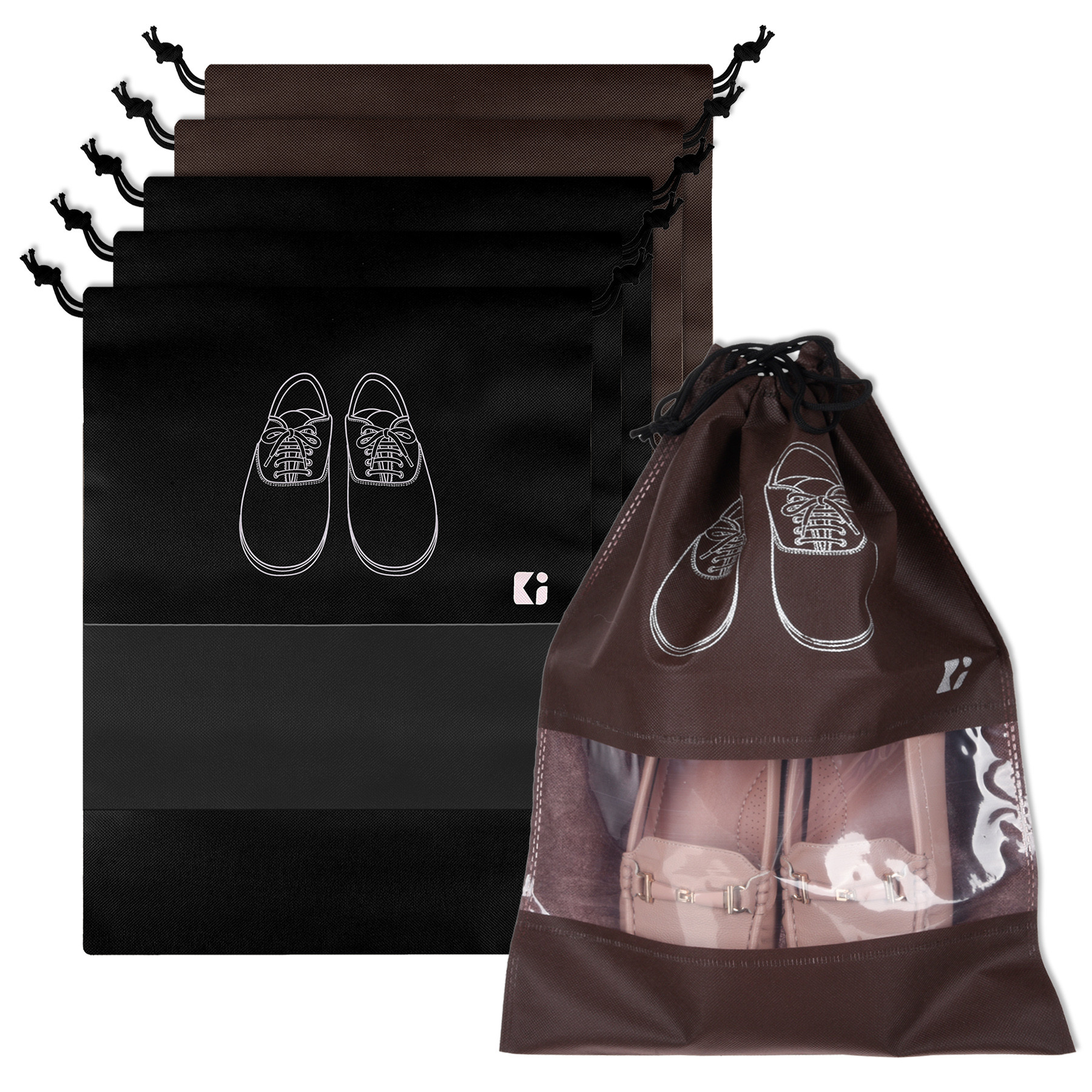 Kuber Industries Shoe Bags | Shoe Bags for Travel | Non-Woven Shoe Storage Bags | Storage Organizers Set | Shoe Cover with Transparent Window | Shoe Dori Cover | Black & Coffee