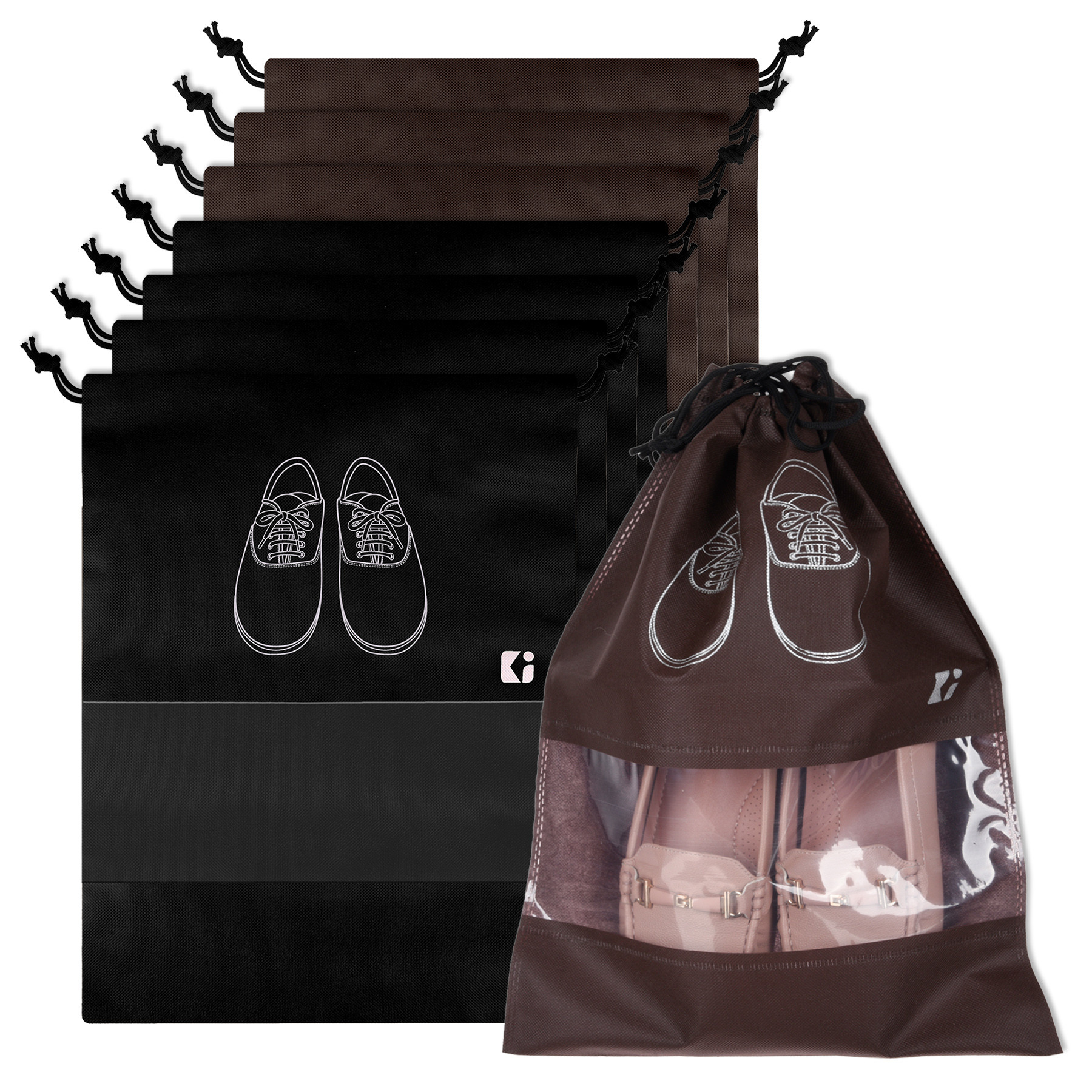 Kuber Industries Shoe Bags | Shoe Bags for Travel | Non-Woven Shoe Storage Bags | Storage Organizers Set | Shoe Cover with Transparent Window | Shoe Dori Cover | Black & Coffee