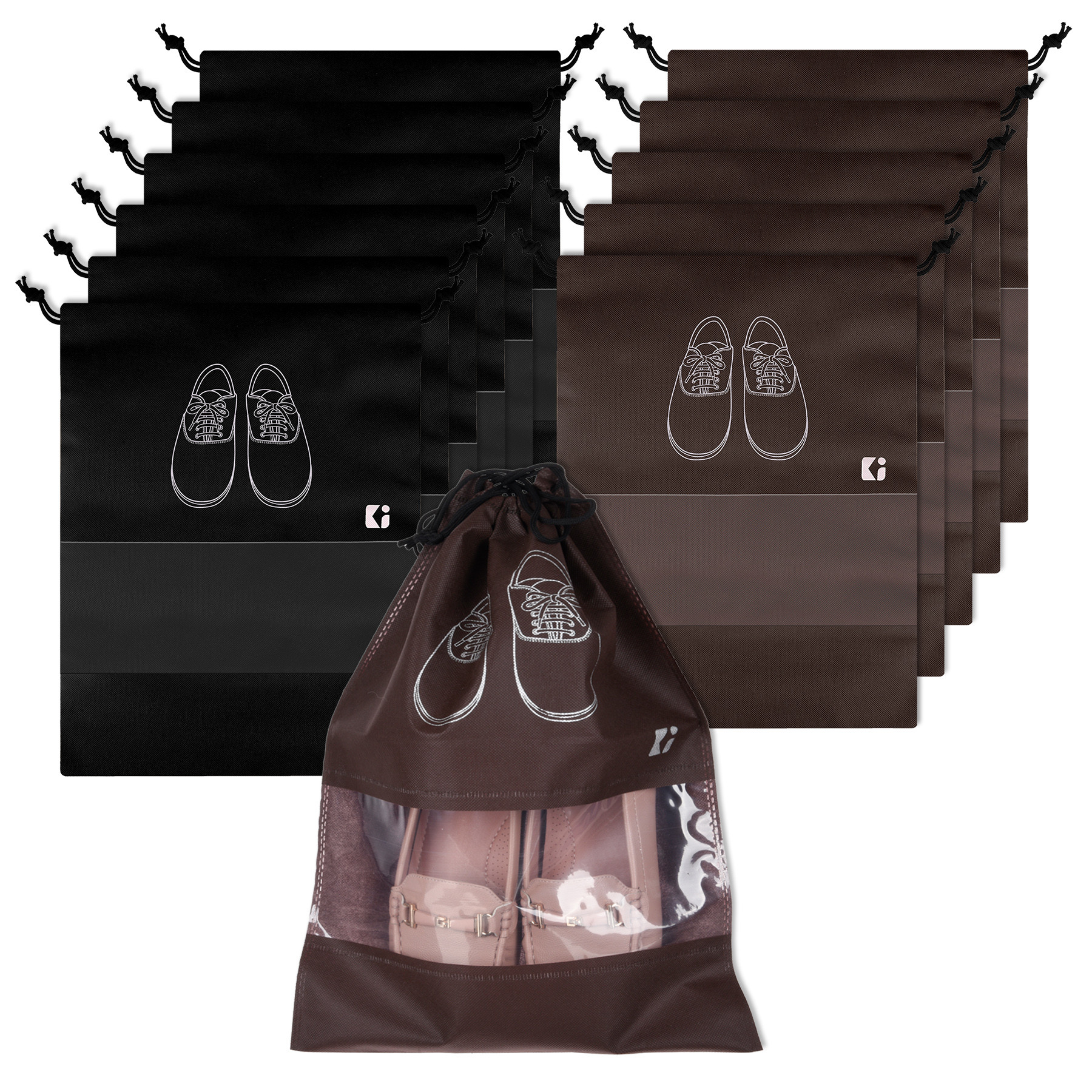Kuber Industries Shoe Bags | Shoe Bags for Travel | Non-Woven Shoe Storage Bags | Storage Organizers Set | Shoe Cover with Transparent Window | Shoe Dori Cover | Black & Coffee
