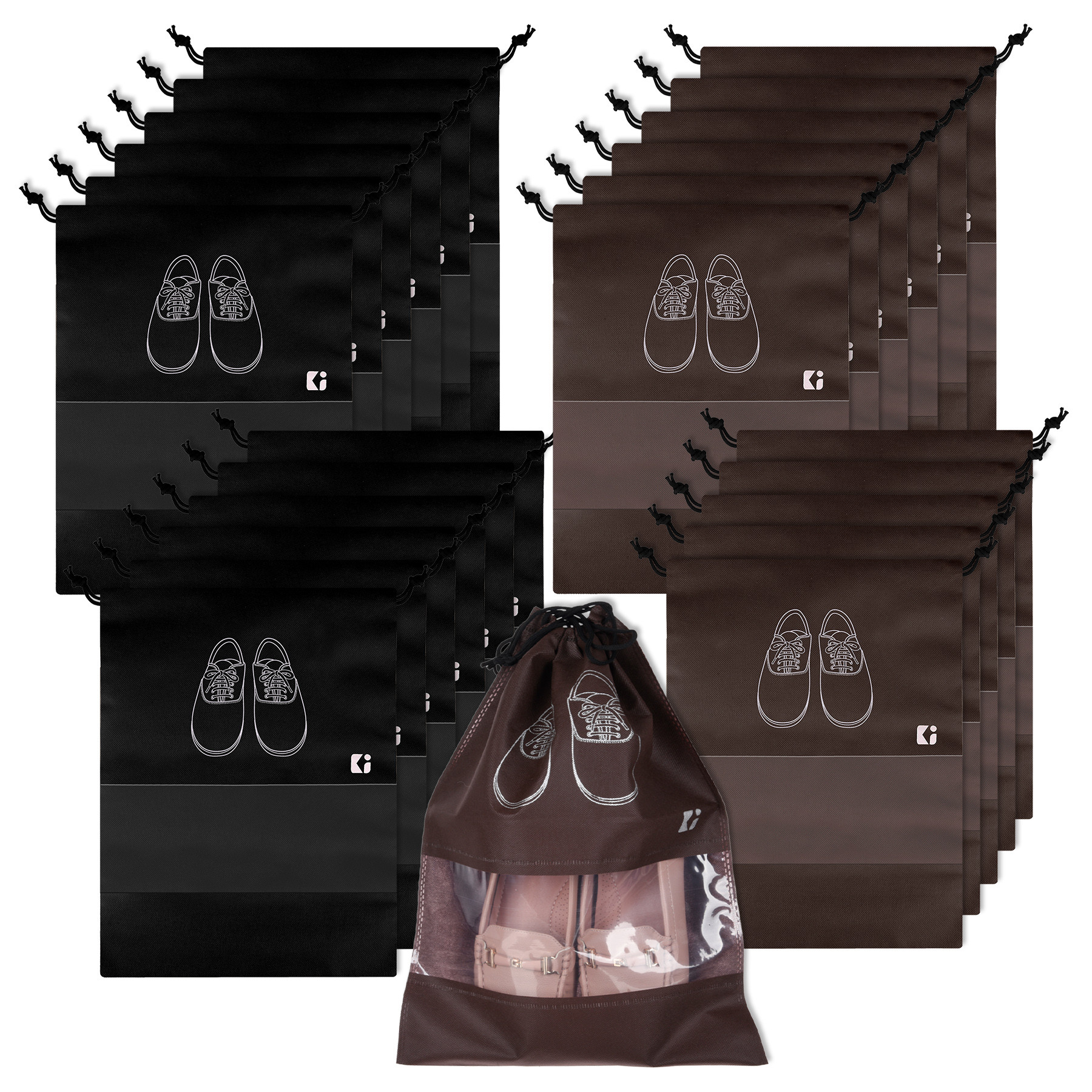 Kuber Industries Shoe Bags | Shoe Bags for Travel | Non-Woven Shoe Storage Bags | Storage Organizers Set | Shoe Cover with Transparent Window | Shoe Dori Cover | Black & Coffee
