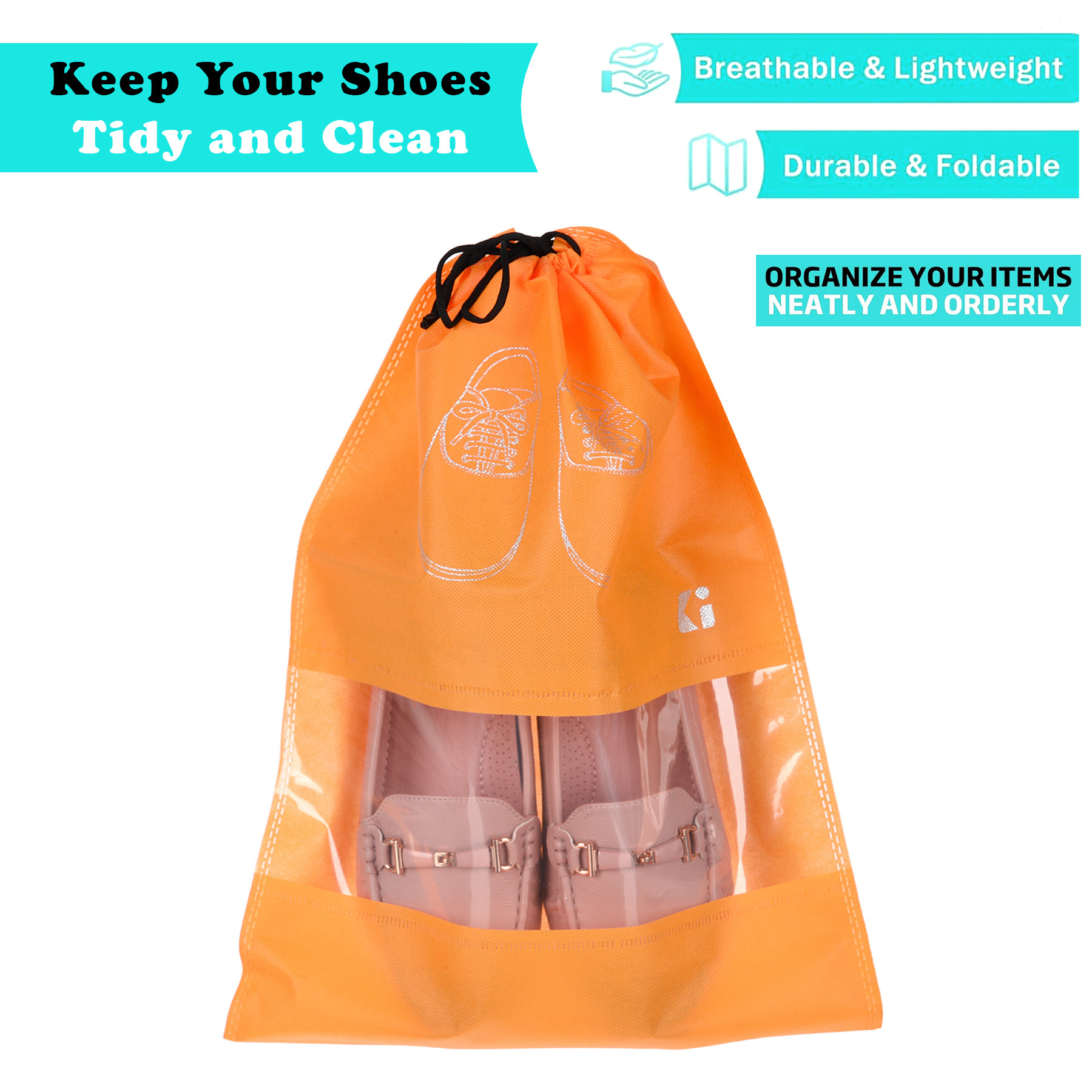 Kuber Industries Shoe Bags | Shoe Bags for Travel | Non-Woven Shoe Storage Bags | Storage Organizers Set | Shoe Cover with Transparent Window | Shoe Dori Cover | Orange & Green