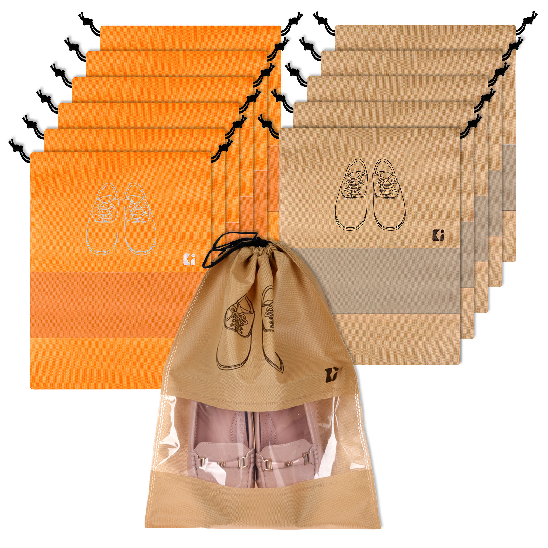 Kuber Industries Shoe Bags | Shoe Bags for Travel | Non-Woven Shoe Storage Bags | Storage Organizers Set | Shoe Cover with Transparent Window | Shoe Dori Cover | Orange & Beige