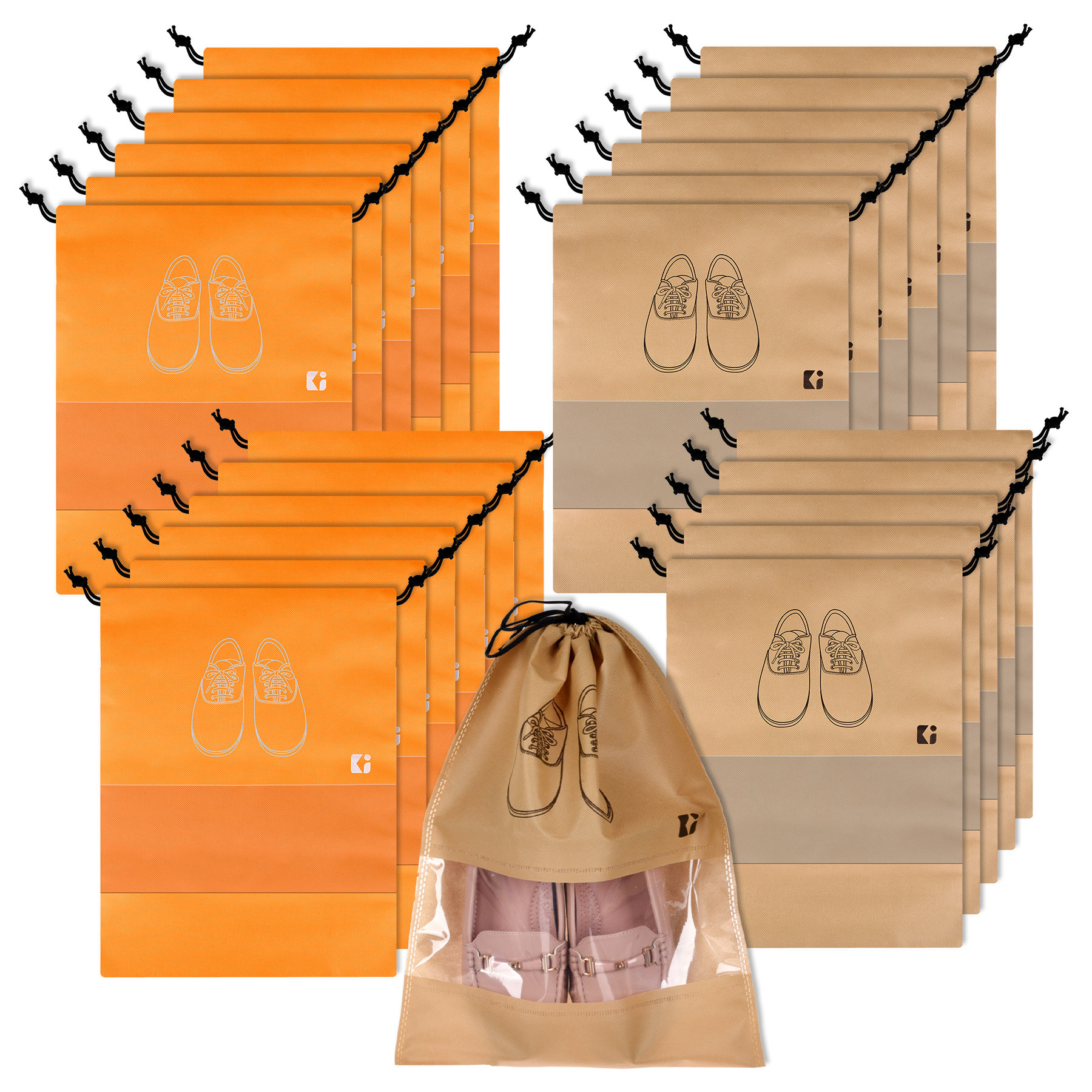 Kuber Industries Shoe Bags | Shoe Bags for Travel | Non-Woven Shoe Storage Bags | Storage Organizers Set | Shoe Cover with Transparent Window | Shoe Dori Cover | Orange & Beige