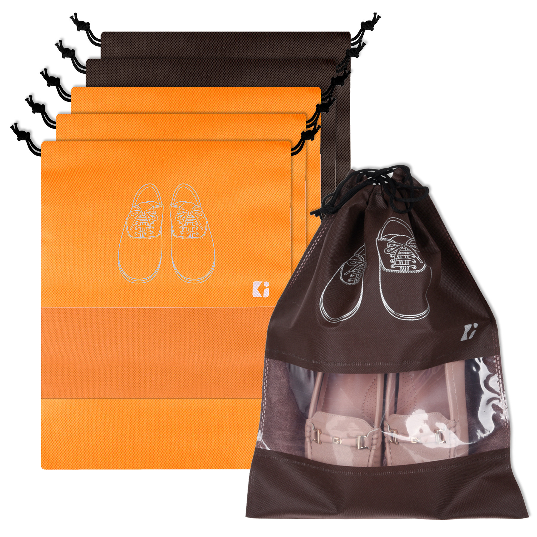 Kuber Industries Shoe Bags | Shoe Bags for Travel | Non-Woven Shoe Storage Bags | Storage Organizers Set | Shoe Cover with Transparent Window | Shoe Dori Cover | Orange & Coffee