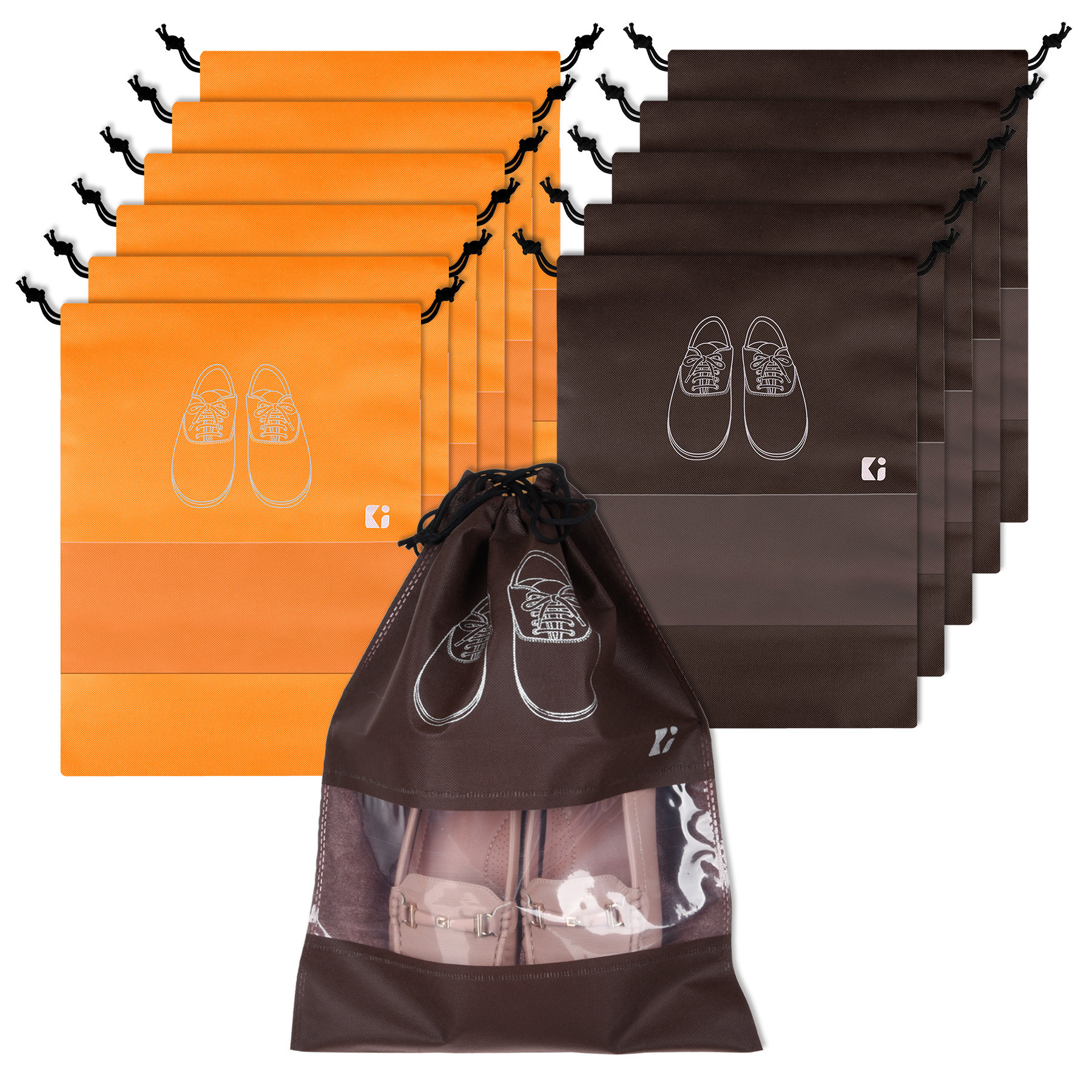 Kuber Industries Shoe Bags | Shoe Bags for Travel | Non-Woven Shoe Storage Bags | Storage Organizers Set | Shoe Cover with Transparent Window | Shoe Dori Cover | Orange & Coffee