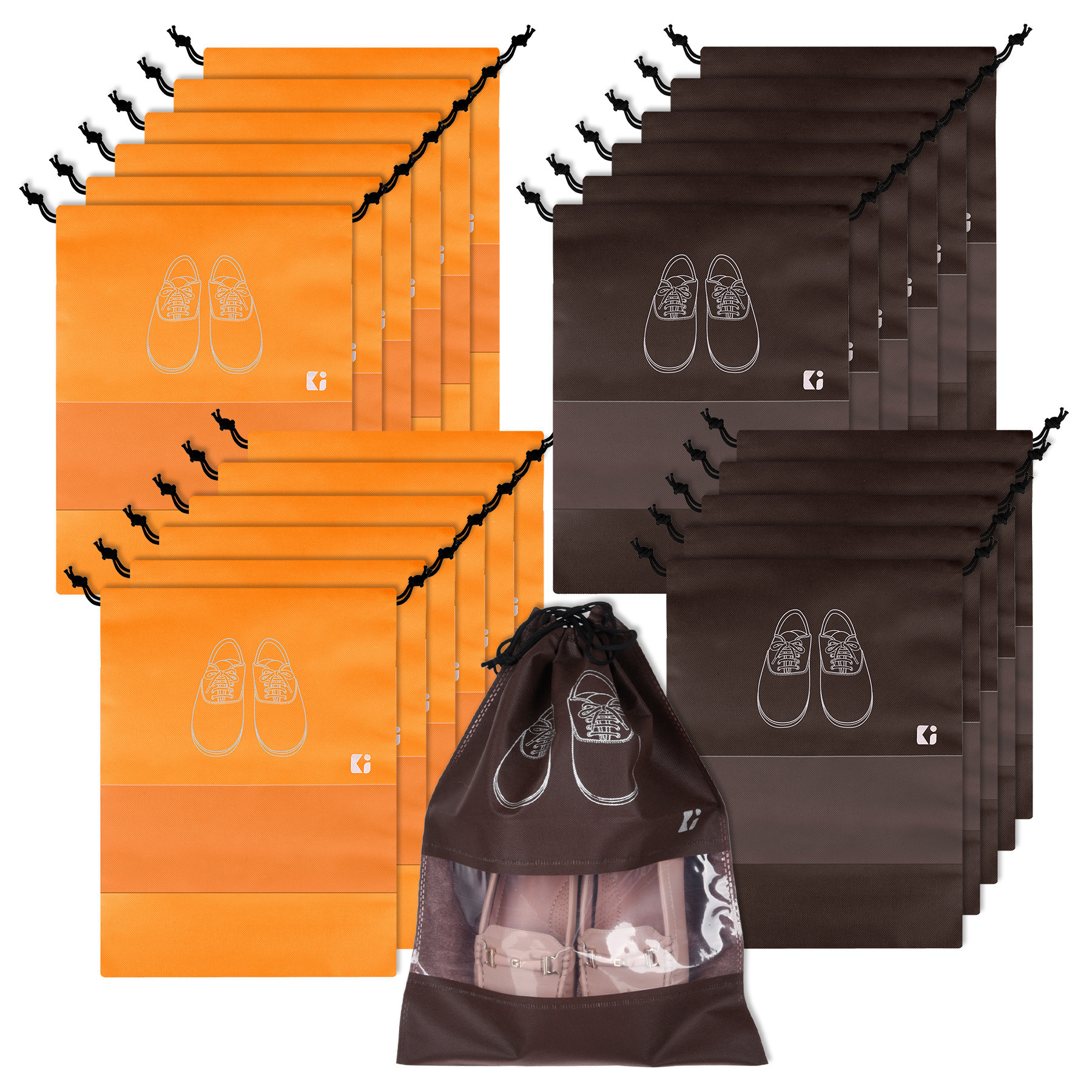 Kuber Industries Shoe Bags | Shoe Bags for Travel | Non-Woven Shoe Storage Bags | Storage Organizers Set | Shoe Cover with Transparent Window | Shoe Dori Cover | Orange & Coffee
