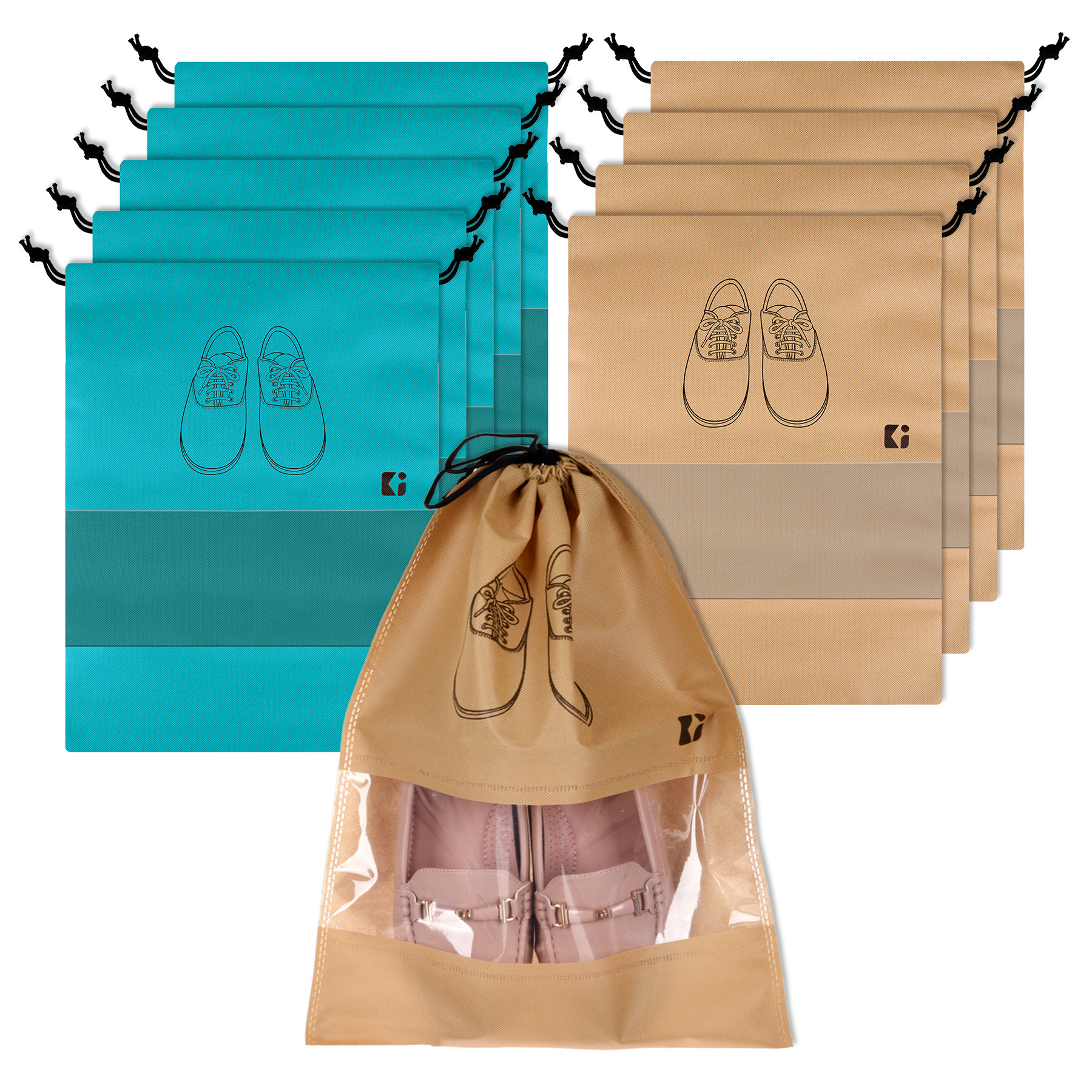 Kuber Industries Shoe Bags | Shoe Bags for Travel | Non-Woven Shoe Storage Bags | Storage Organizers Set | Shoe Cover with Transparent Window | Shoe Dori Cover | Green & Beige