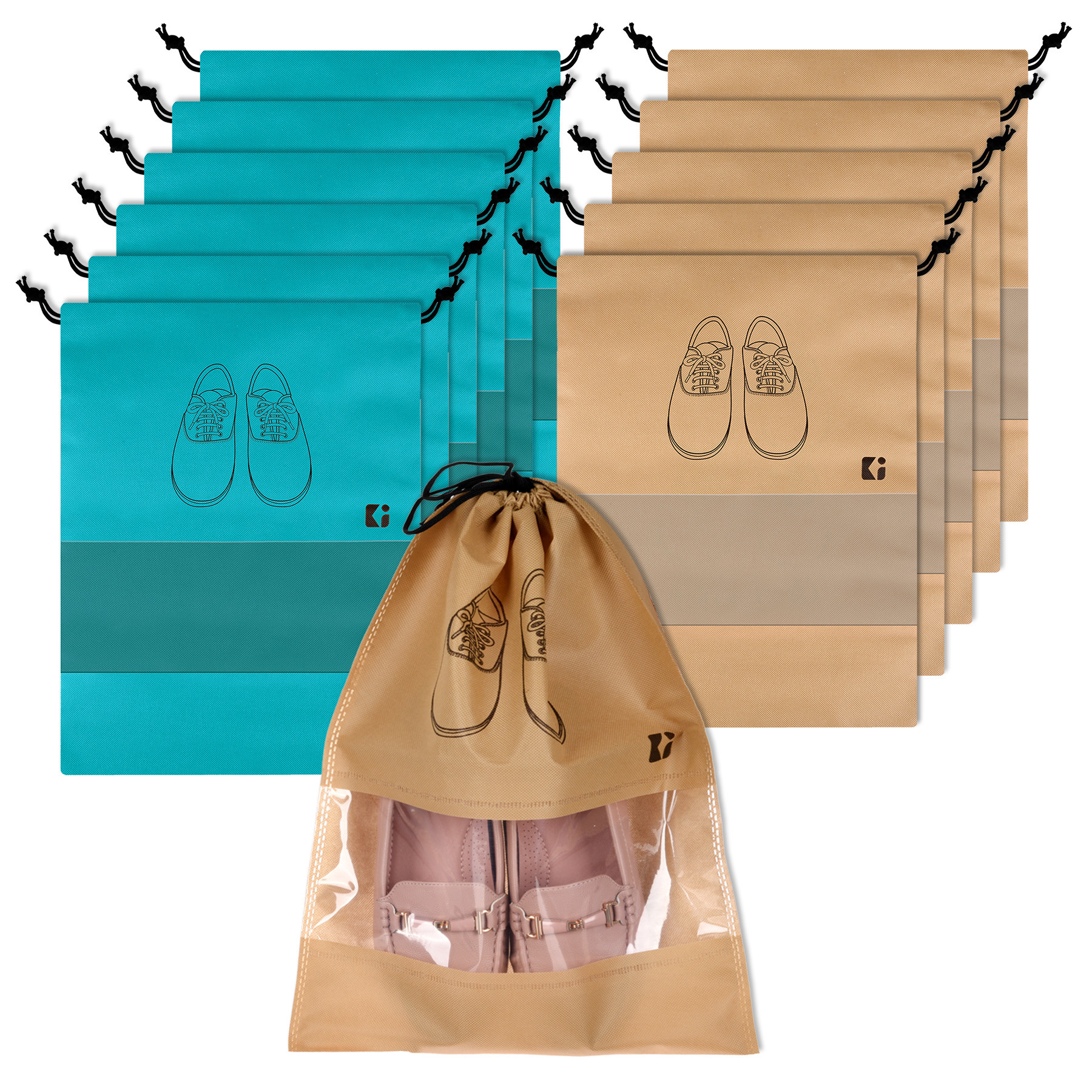 Kuber Industries Shoe Bags | Shoe Bags for Travel | Non-Woven Shoe Storage Bags | Storage Organizers Set | Shoe Cover with Transparent Window | Shoe Dori Cover | Green & Beige