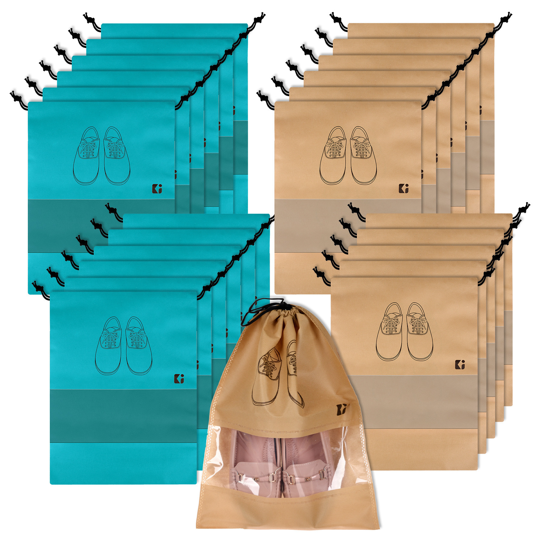 Kuber Industries Shoe Bags | Shoe Bags for Travel | Non-Woven Shoe Storage Bags | Storage Organizers Set | Shoe Cover with Transparent Window | Shoe Dori Cover | Green & Beige