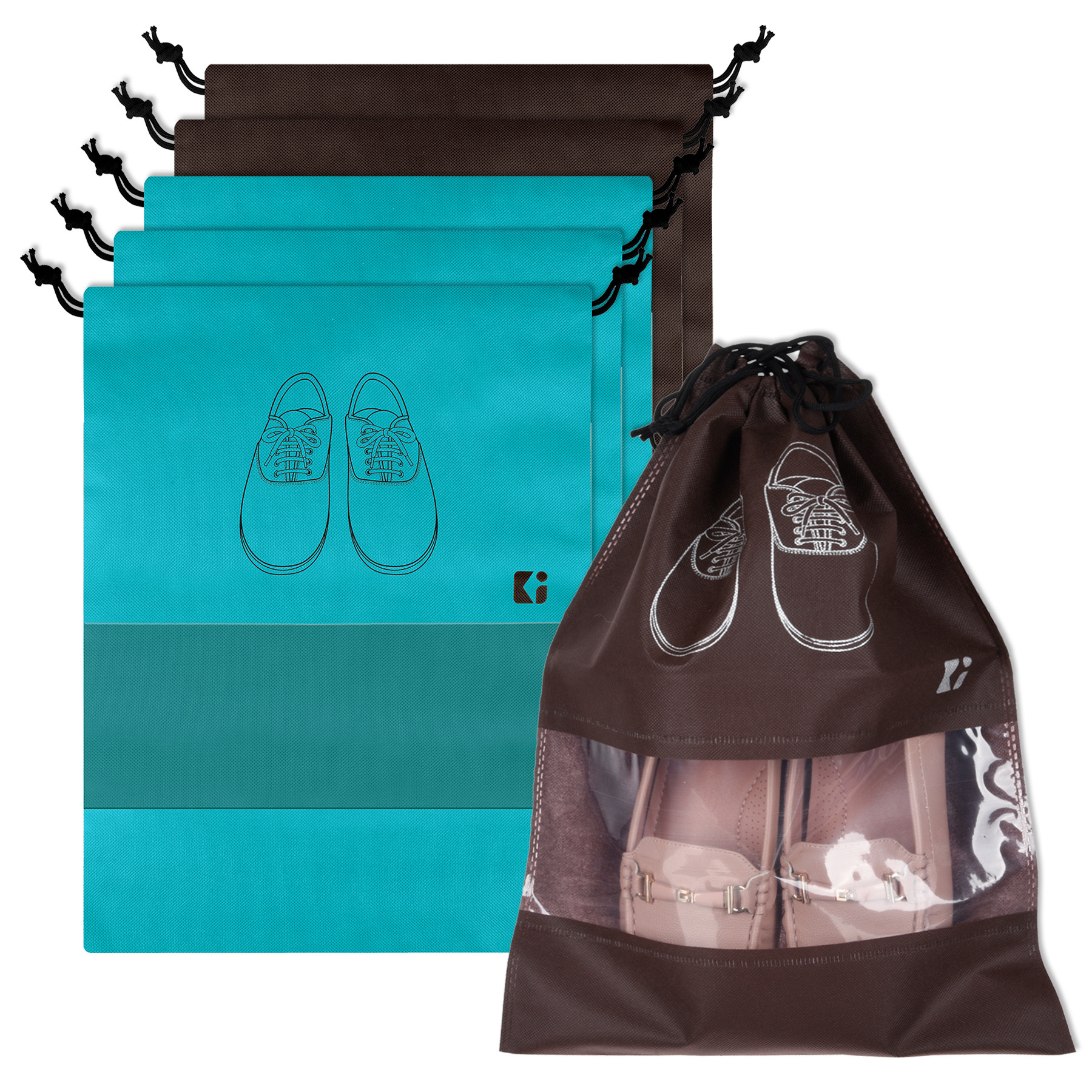 Kuber Industries Shoe Bags | Shoe Bags for Travel | Non-Woven Shoe Storage Bags | Storage Organizers Set | Shoe Cover with Transparent Window | Shoe Dori Cover | Green & Coffee