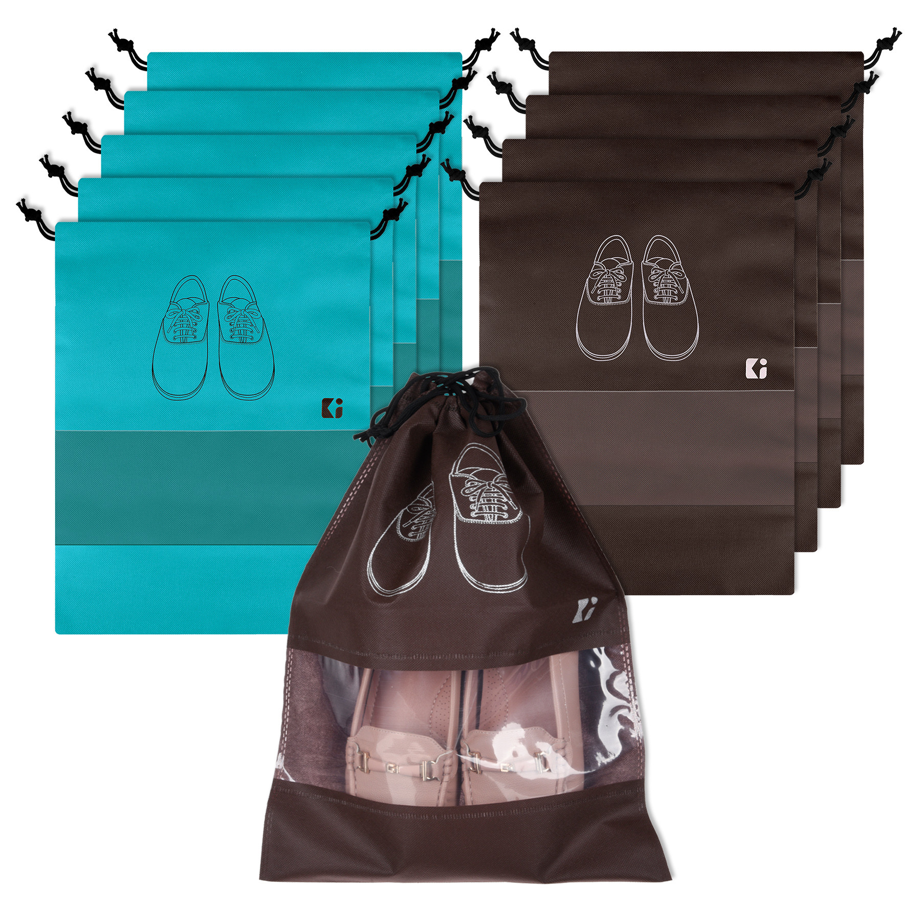 Kuber Industries Shoe Bags | Shoe Bags for Travel | Non-Woven Shoe Storage Bags | Storage Organizers Set | Shoe Cover with Transparent Window | Shoe Dori Cover | Green & Coffee