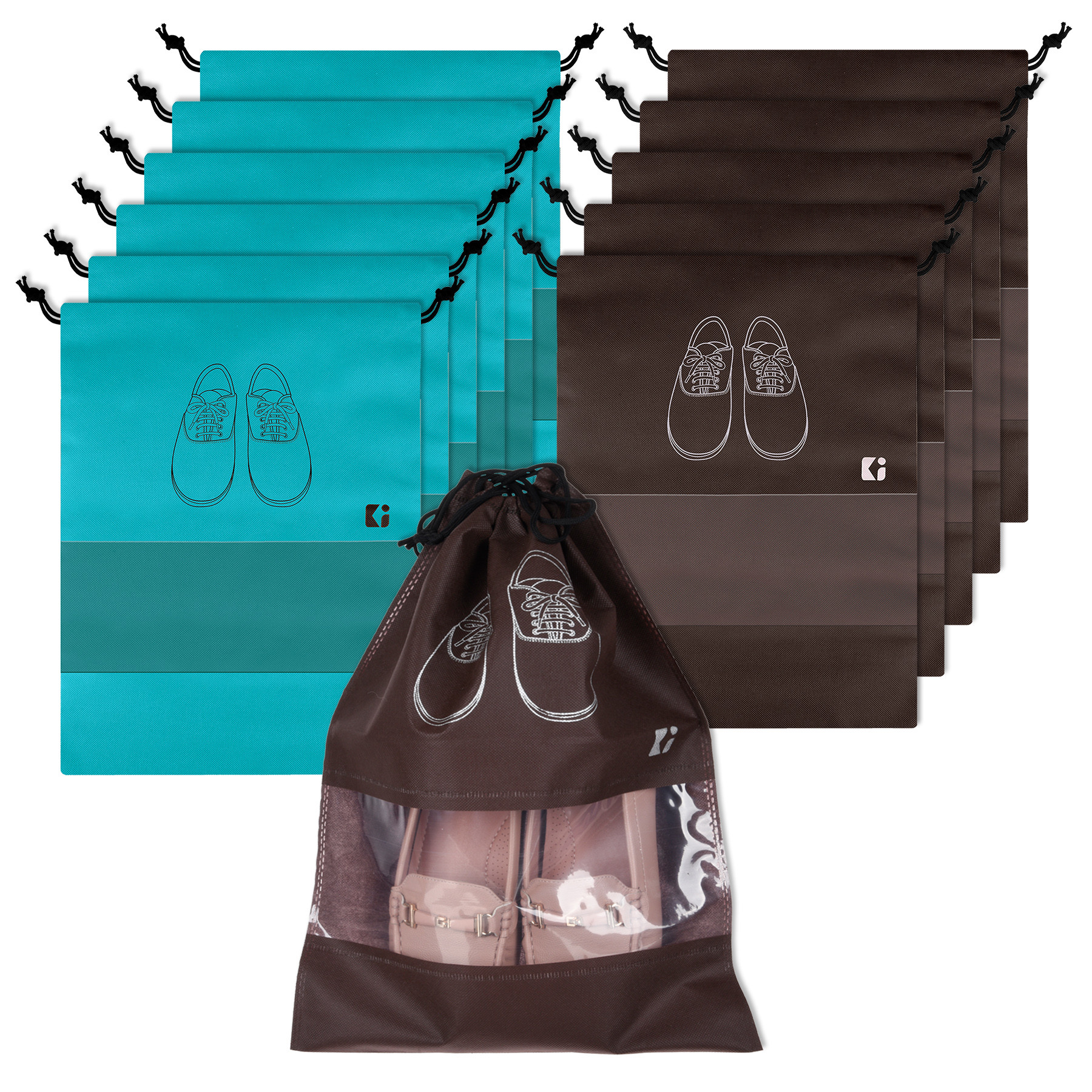 Kuber Industries Shoe Bags | Shoe Bags for Travel | Non-Woven Shoe Storage Bags | Storage Organizers Set | Shoe Cover with Transparent Window | Shoe Dori Cover | Green & Coffee
