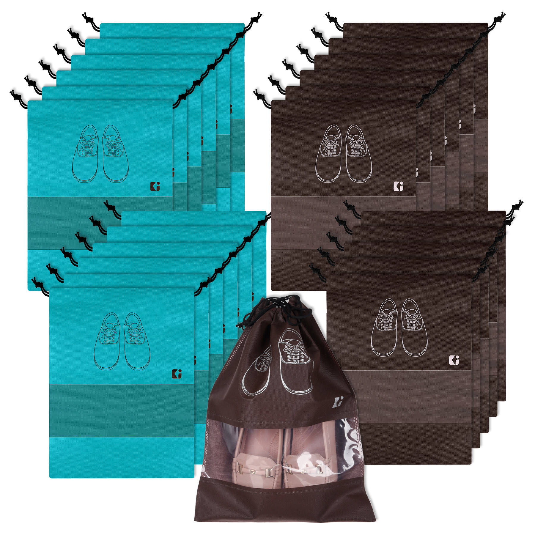 Kuber Industries Shoe Bags | Shoe Bags for Travel | Non-Woven Shoe Storage Bags | Storage Organizers Set | Shoe Cover with Transparent Window | Shoe Dori Cover | Green & Coffee