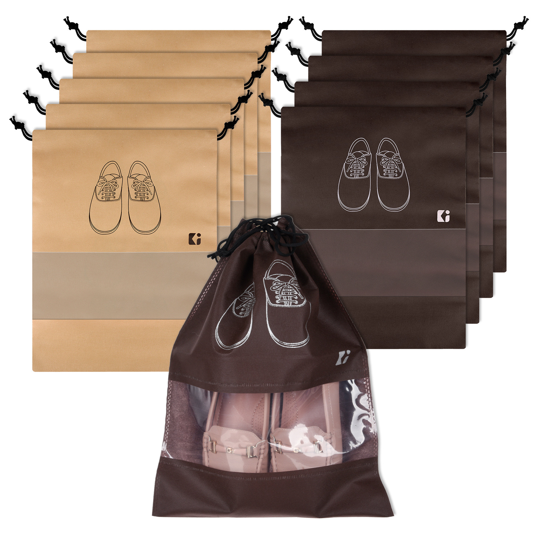 Kuber Industries Shoe Bags | Shoe Bags for Travel | Non-Woven Shoe Storage Bags | Storage Organizers Set | Shoe Cover with Transparent Window | Shoe Dori Cover | Beige & Coffee