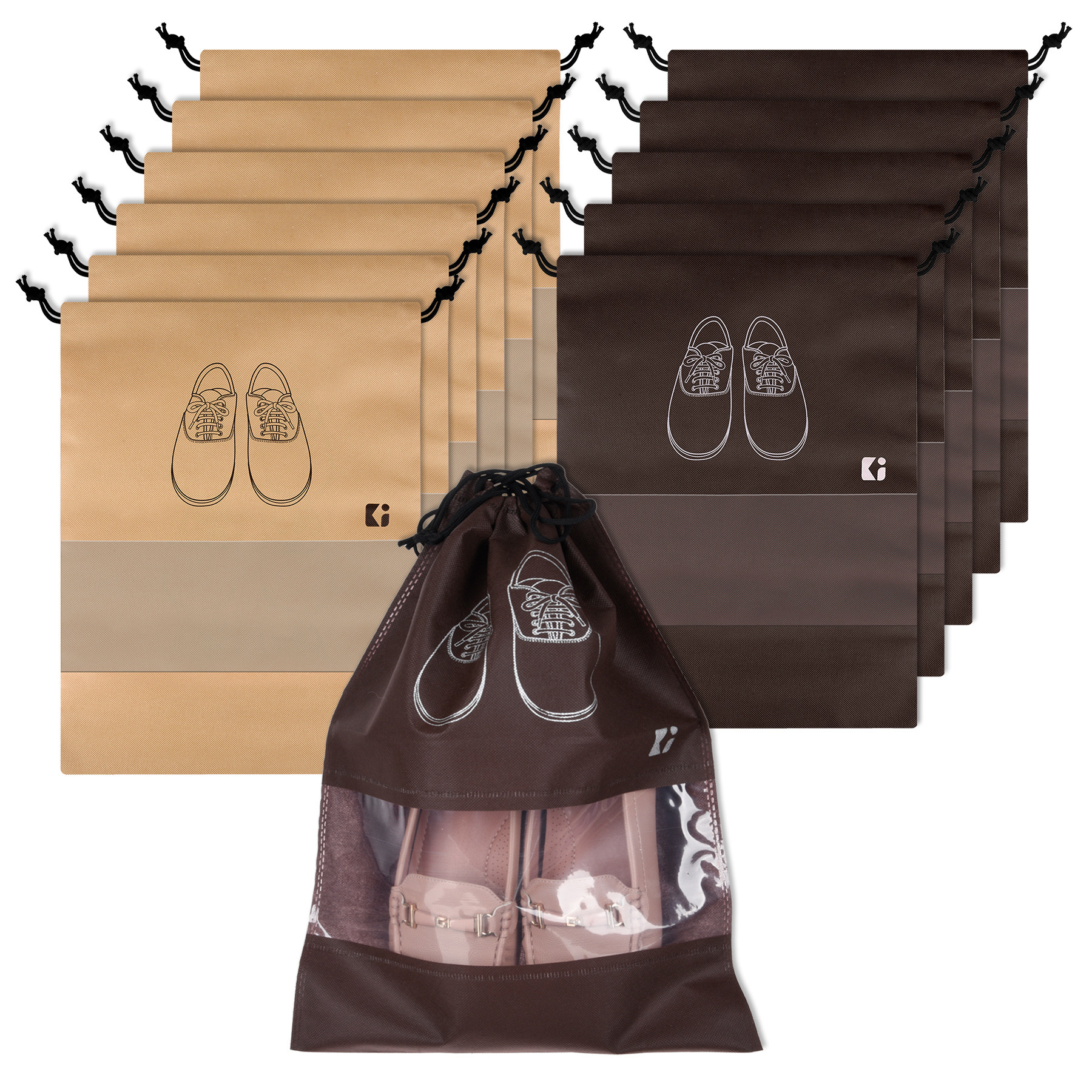 Kuber Industries Shoe Bags | Shoe Bags for Travel | Non-Woven Shoe Storage Bags | Storage Organizers Set | Shoe Cover with Transparent Window | Shoe Dori Cover | Beige & Coffee