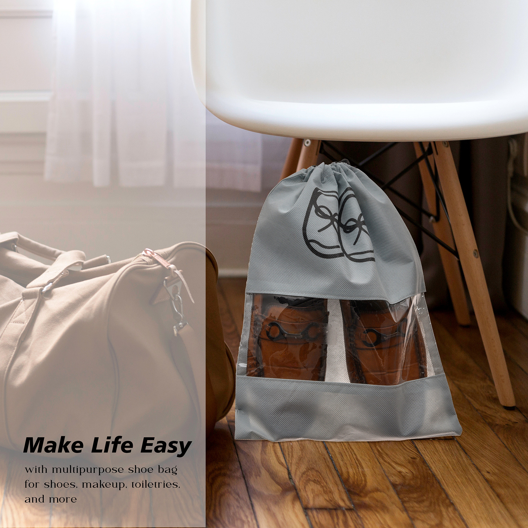 Kuber Industries Shoe Cover  Travel Shoe Storage Bags  Non-Woven Storage Bag  Shoe Cover with Drawstring  Shoe Organizer with Clear window  Plain  Pack of 6  Gray