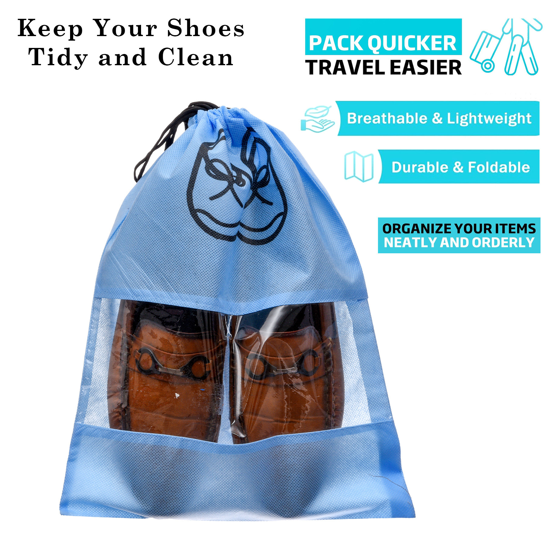 Kuber Industries Shoe Cover  Travel Shoe Storage Bags  Non-Woven Storage Bag  Shoe Cover with Drawstring  Shoe Organizer with Clear window  Plain  Pack of 6  Sky Blue