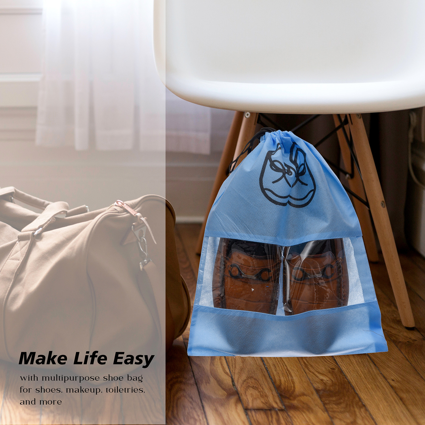 Kuber Industries Shoe Cover  Travel Shoe Storage Bags  Non-Woven Storage Bag  Shoe Cover with Drawstring  Shoe Organizer with Clear window  Plain  Pack of 6  Sky Blue