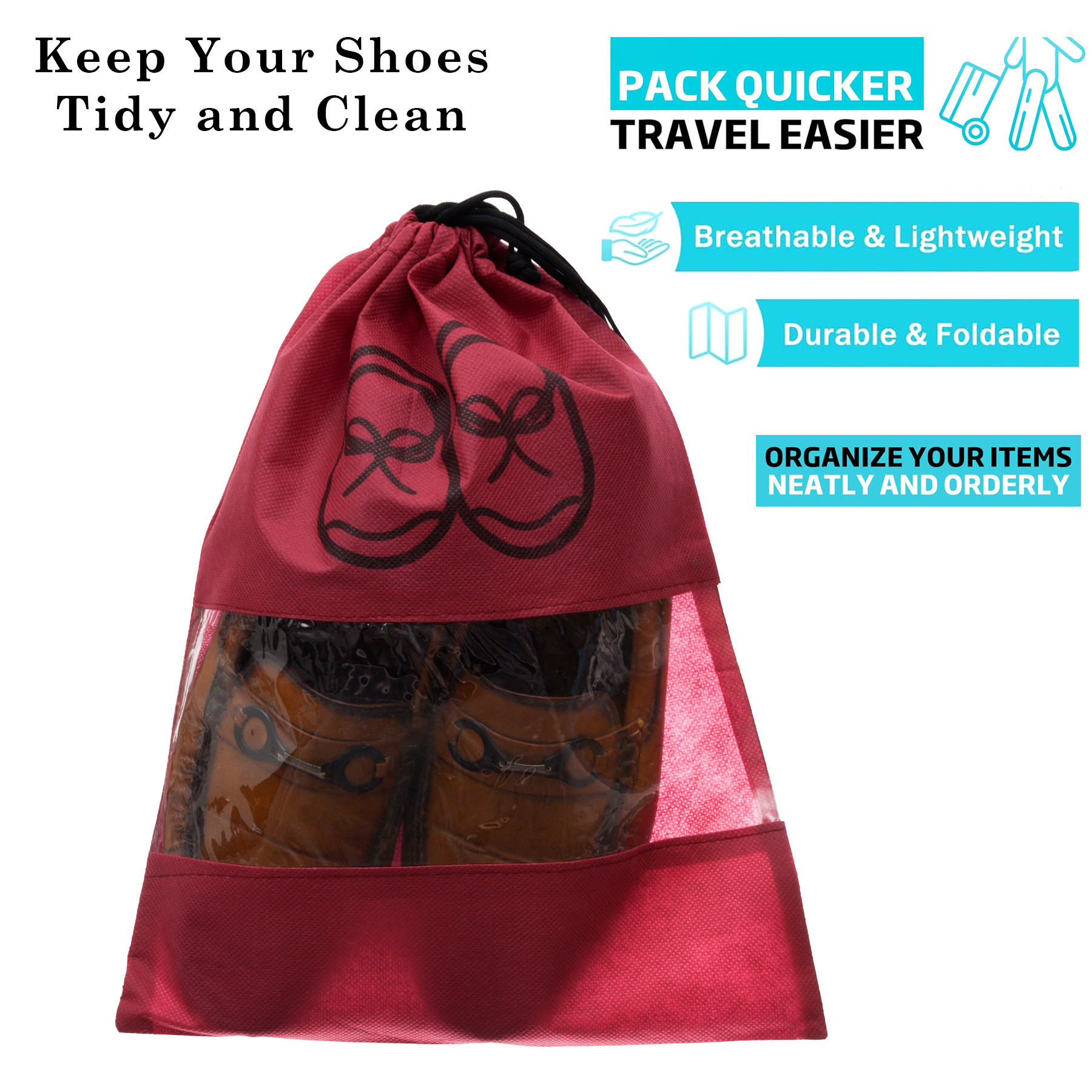 Kuber Industries Shoe Cover  Travel Shoe Storage Bags  Non-Woven Storage Bag  Shoe Cover with Drawstring  Shoe Organizer with Clear window  Plain  Pack of 6  Maroon