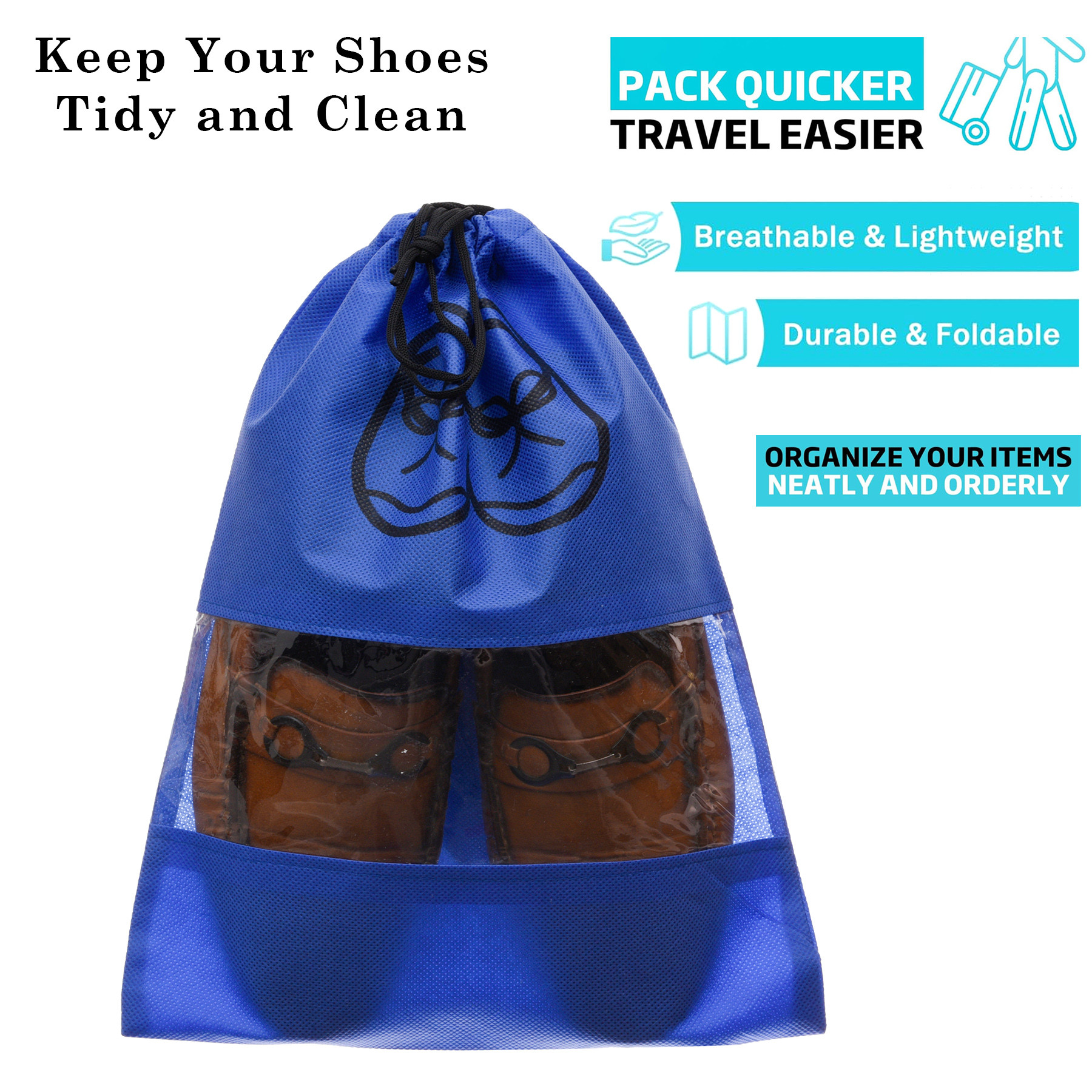 Kuber Industries Shoe Cover  Travel Shoe Storage Bags  Non-Woven Storage Bag  Shoe Cover with Drawstring  Shoe Organizer with Clear window  Plain  Pack of 6  Blue