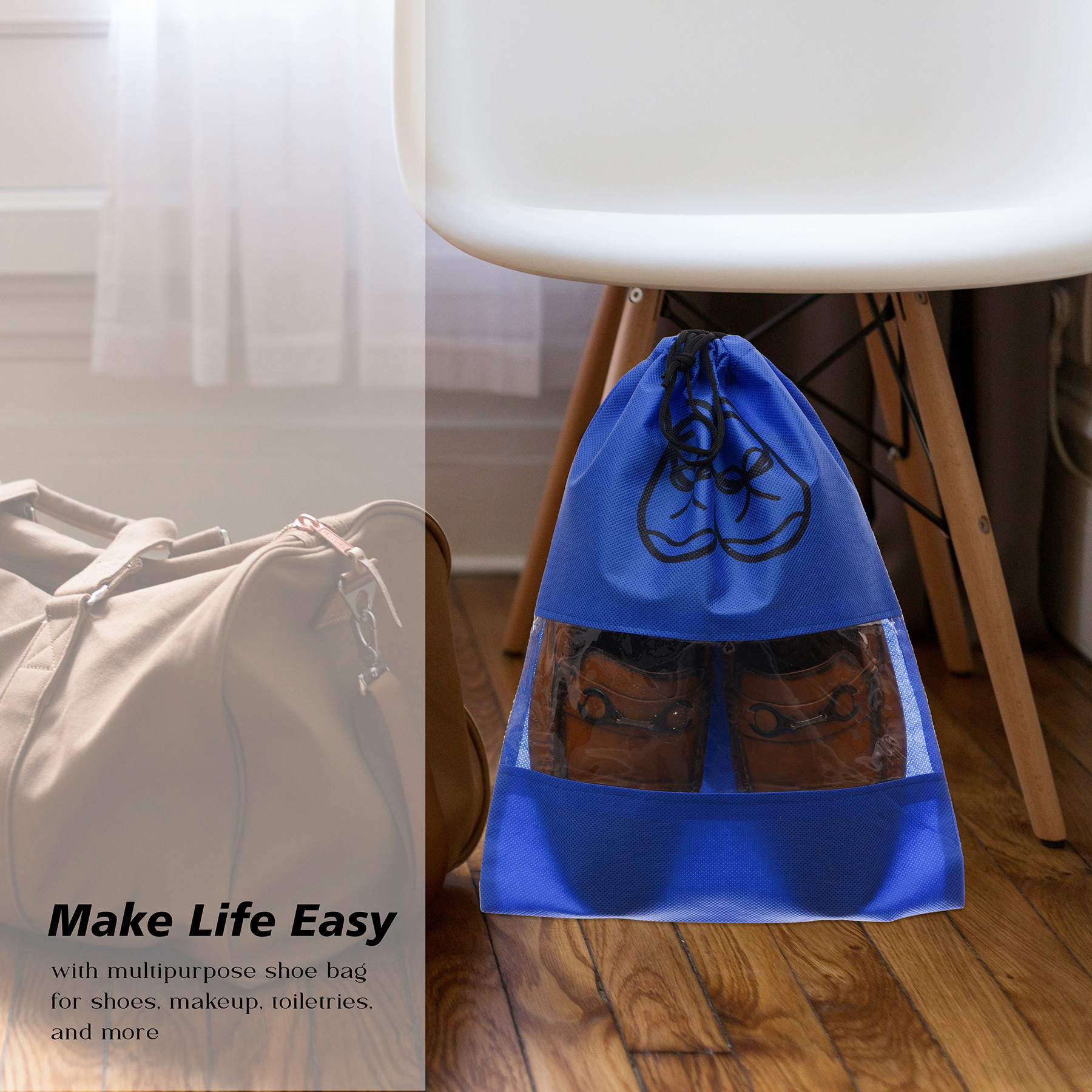 Kuber Industries Shoe Cover  Travel Shoe Storage Bags  Non-Woven Storage Bag  Shoe Cover with Drawstring  Shoe Organizer with Clear window  Plain  Pack of 6  Blue