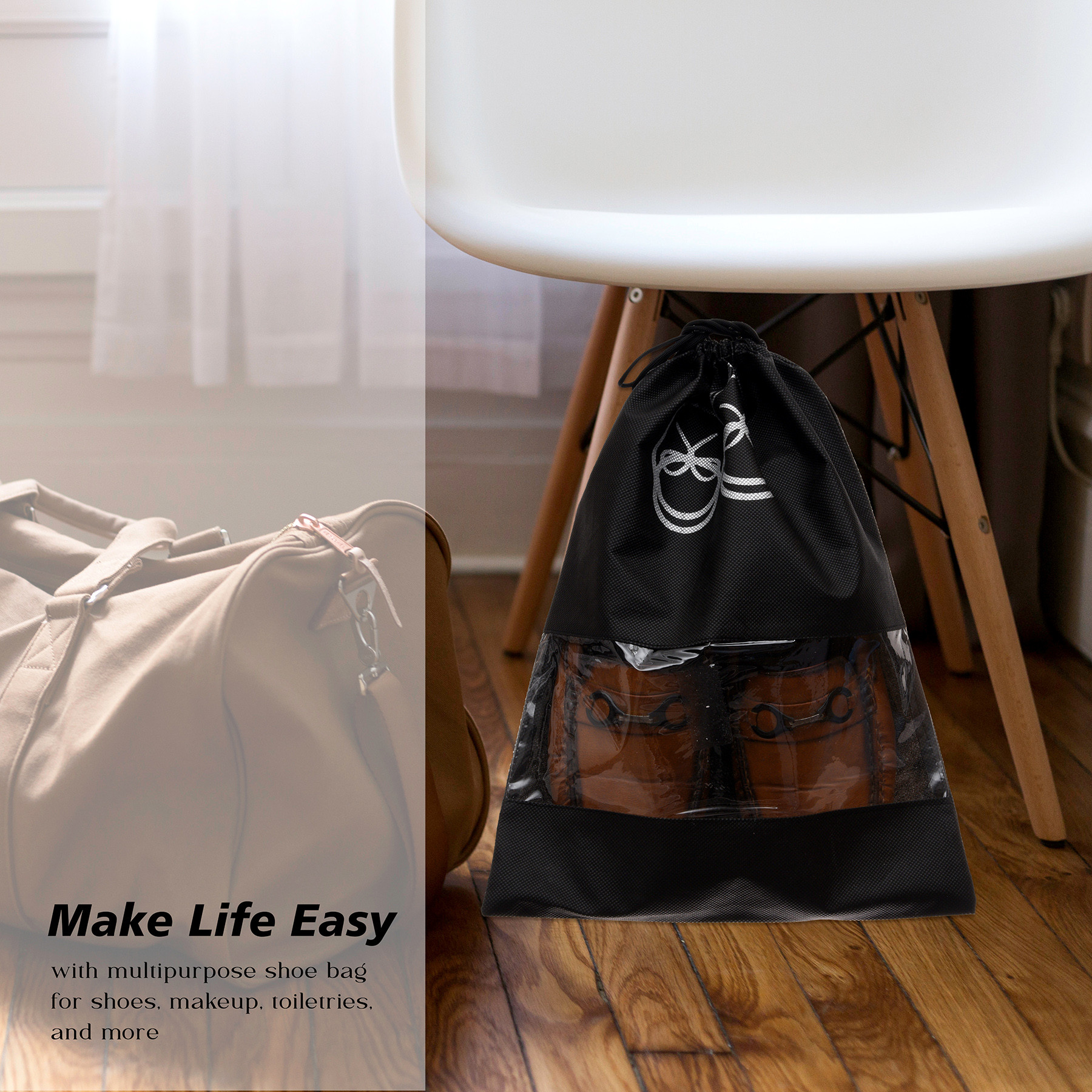 Kuber Industries Shoe Cover  Travel Shoe Storage Bags  Non-Woven Storage Bag  Shoe Cover with Drawstring  Shoe Organizer with Clear window  Plain  Pack of 6  Black