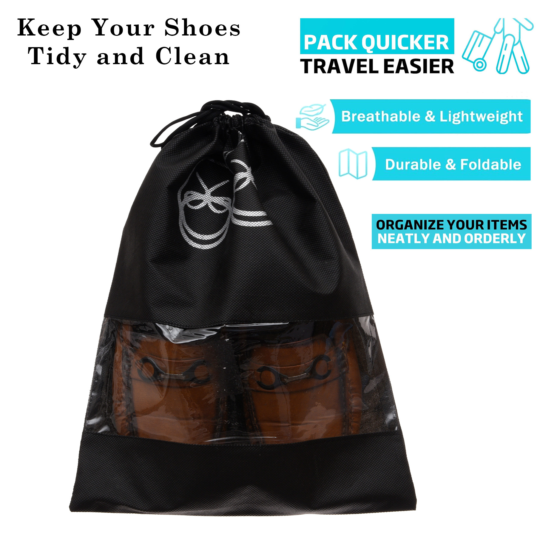 Kuber Industries Shoe Cover | Travel Shoe Storage Bags | Non-Woven Storage Bag | Shoe Cover with Drawstring | Shoe Organizer with Clear window | Plain |Black