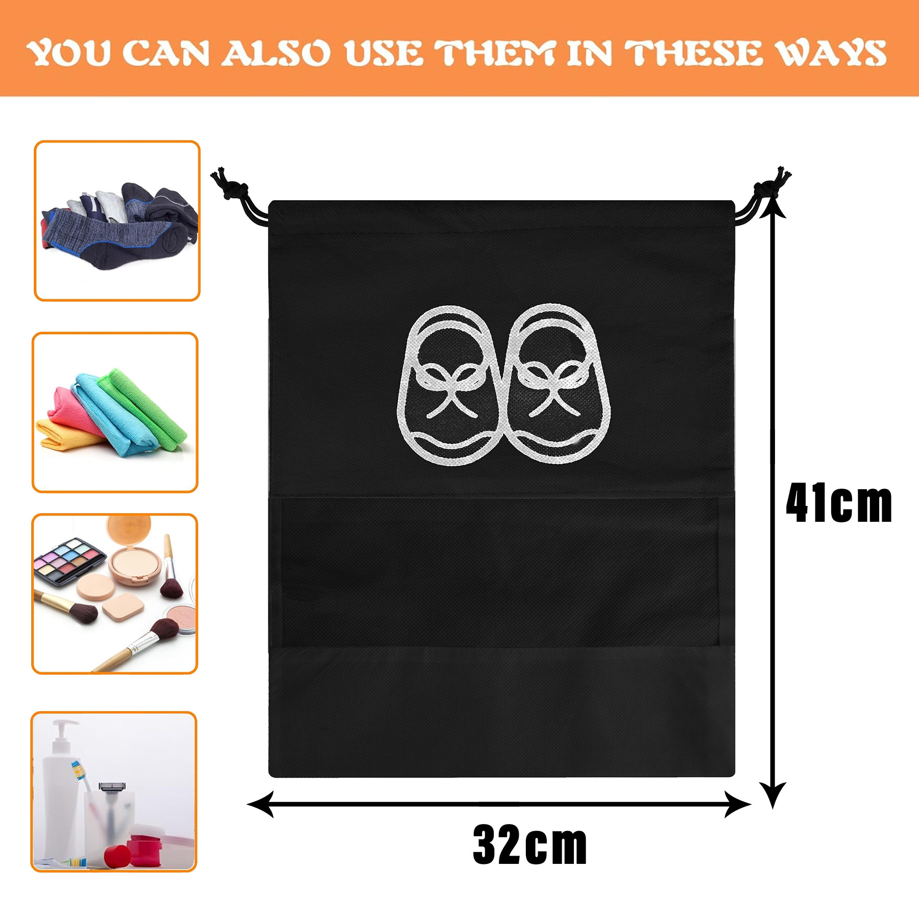 Kuber Industries Shoe Cover | Travel Shoe Storage Bags | Non-Woven Storage Bag | Shoe Cover with Drawstring | Shoe Organizer with Clear window | Plain |Black