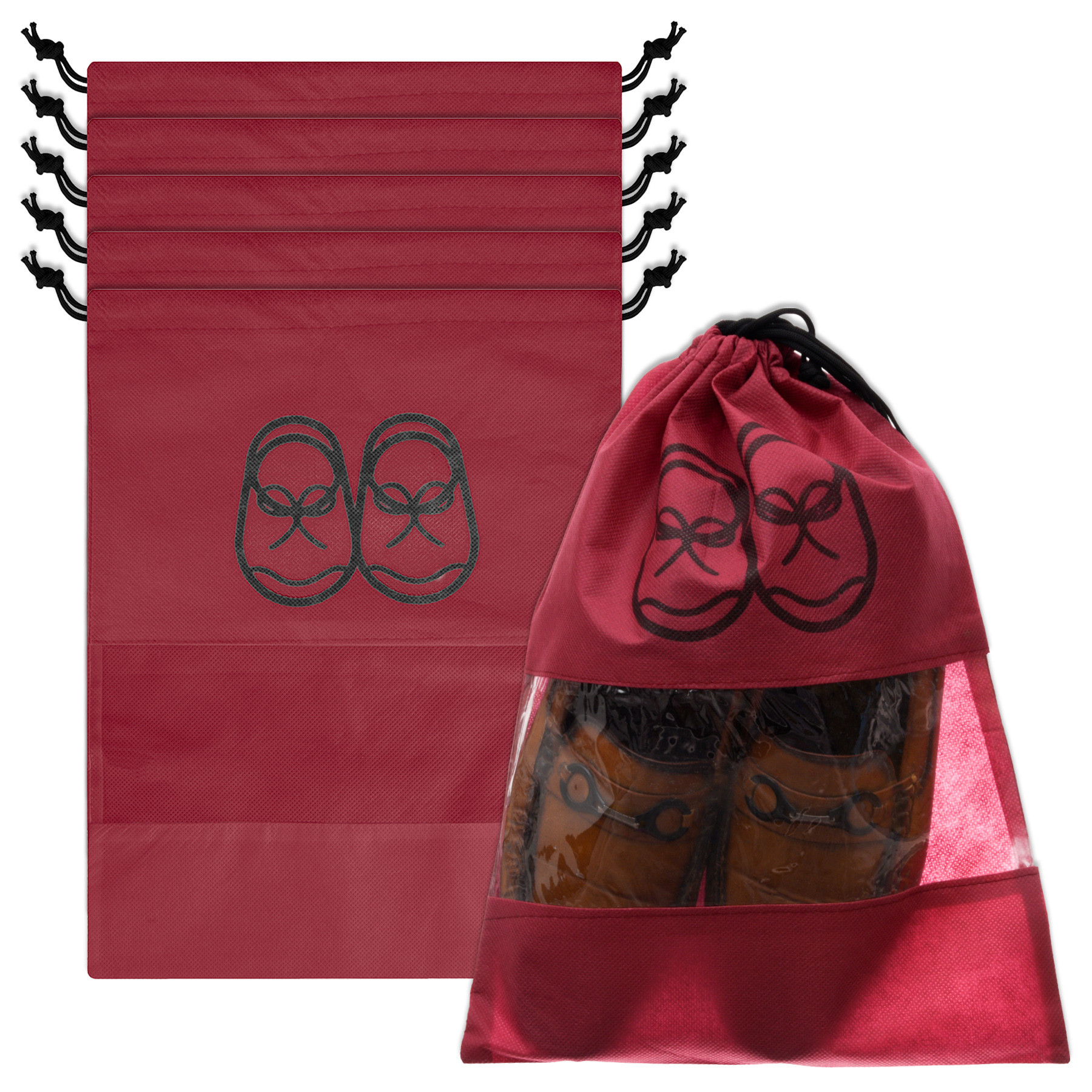 Kuber Industries Shoe Cover | Travel Shoe Storage Bags | Non-Woven Storage Bag | Shoe Cover with Drawstring | Shoe Organizer with Clear window | Plain |Maroon