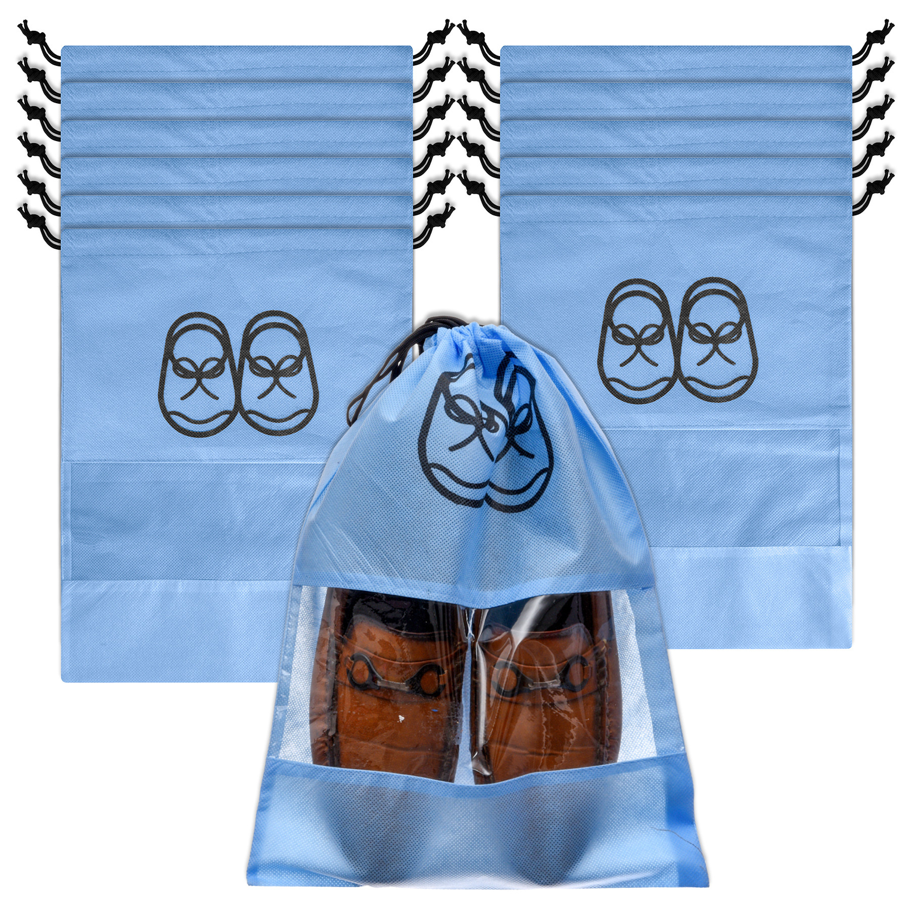 Kuber Industries Shoe Cover | Travel Shoe Storage Bags | Non-Woven Storage Bag | Shoe Cover with Drawstring | Shoe Organizer with Clear window | Plain |Sky Blue