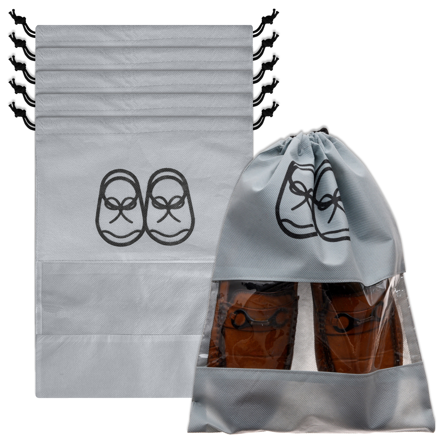 Kuber Industries Shoe Cover | Travel Shoe Storage Bags | Non-Woven Storage Bag | Shoe Cover with Drawstring | Shoe Organizer with Clear window | Plain | Gray