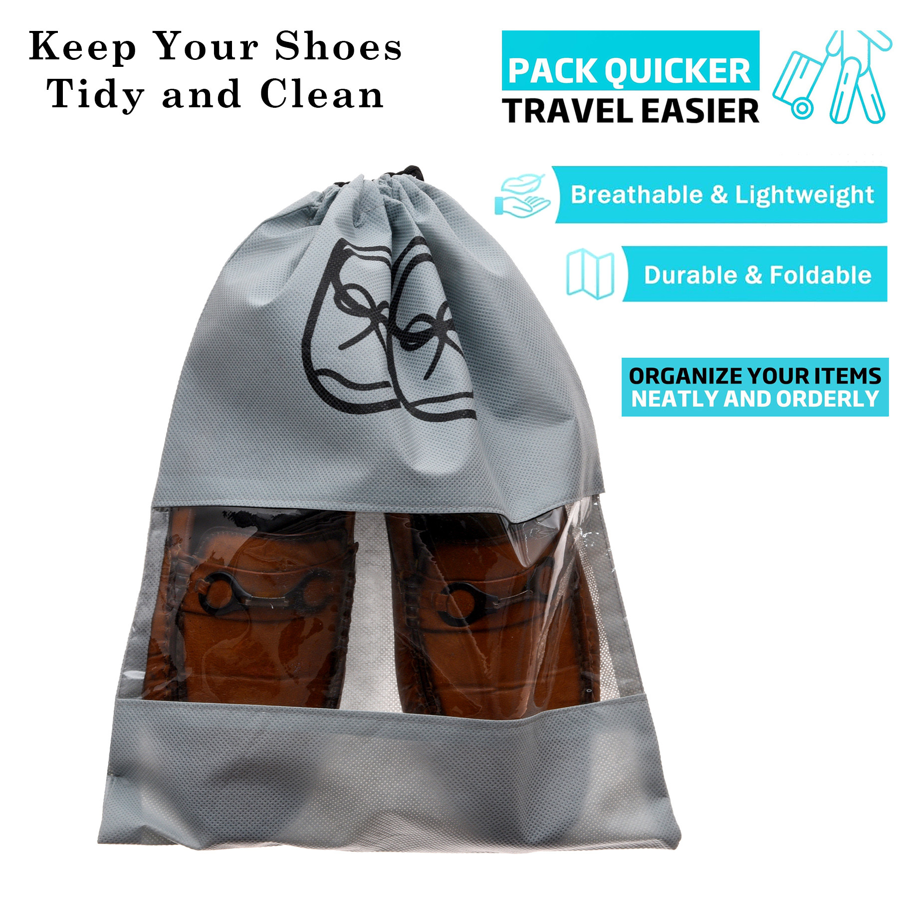 Kuber Industries Shoe Cover | Travel Shoe Storage Bags | Non-Woven Storage Bag | Shoe Cover with Drawstring | Shoe Organizer with Clear window | Plain | Gray