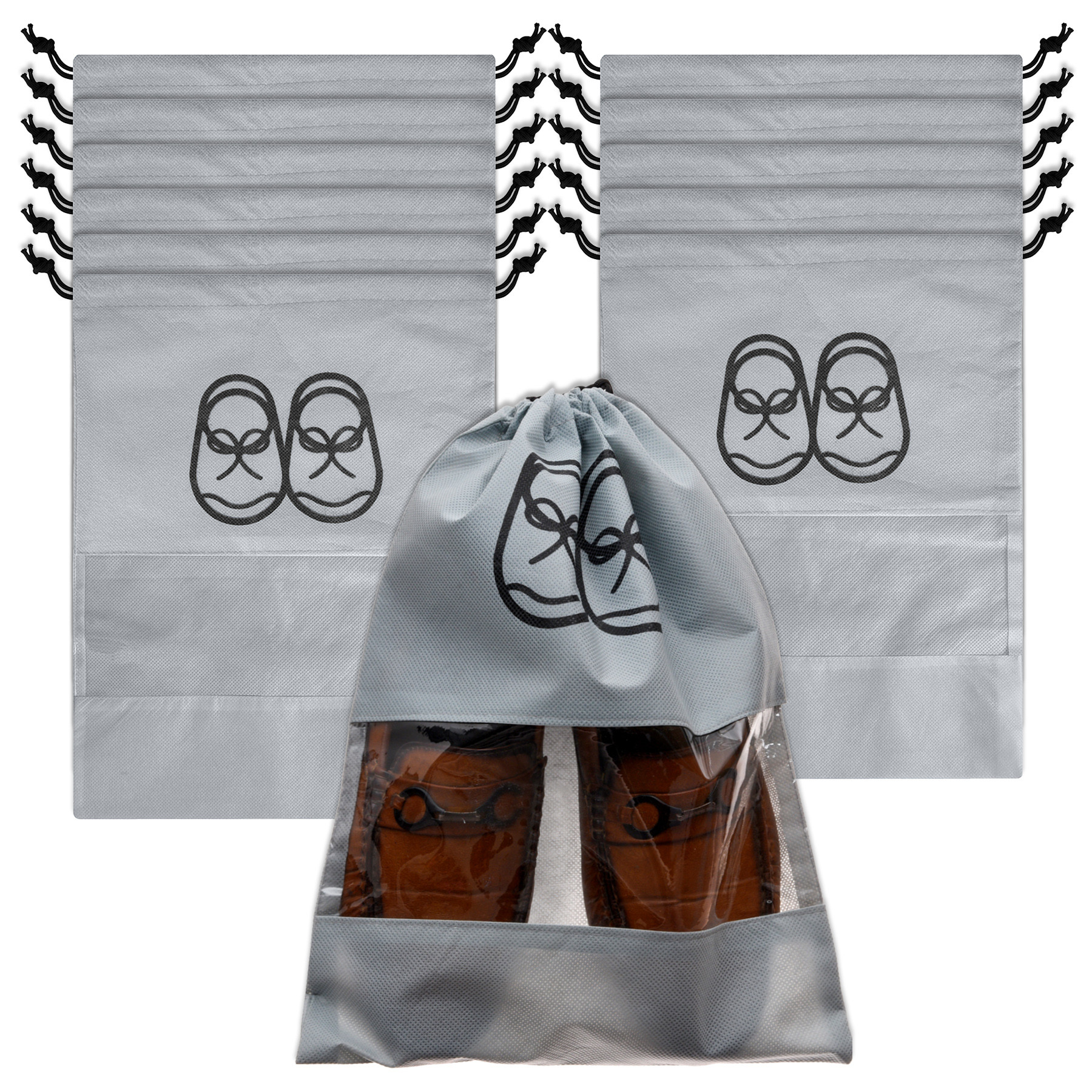 Kuber Industries Shoe Cover | Travel Shoe Storage Bags | Non-Woven Storage Bag | Shoe Cover with Drawstring | Shoe Organizer with Clear window | Plain | Gray