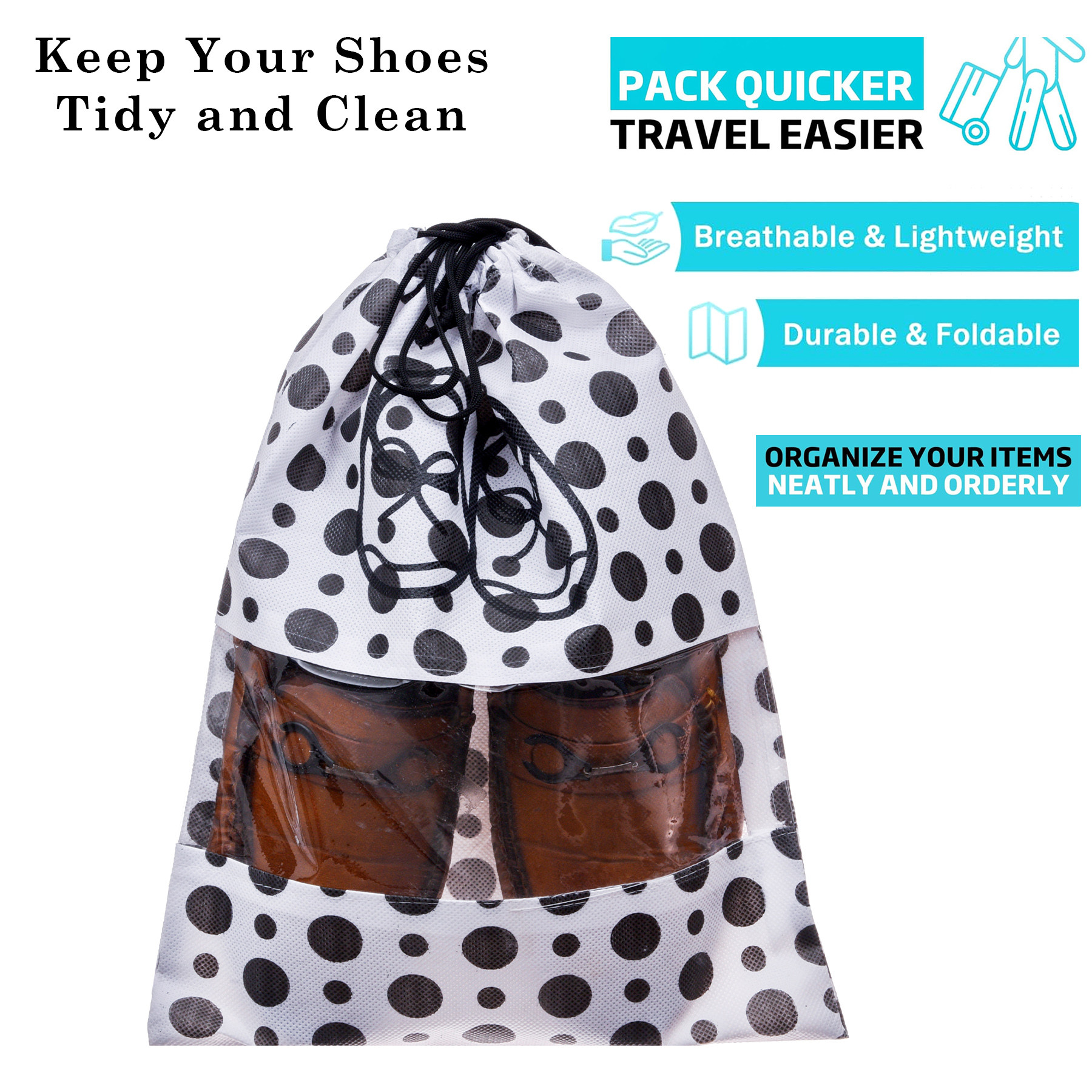 Kuber Industries Shoe Cover  Travel Shoe Storage Bags  Non-Woven Storage Bags  Shoe Cover with Drawstring  Shoe Organizer with Clear window  Black Dot-Design  Pack of 6  White