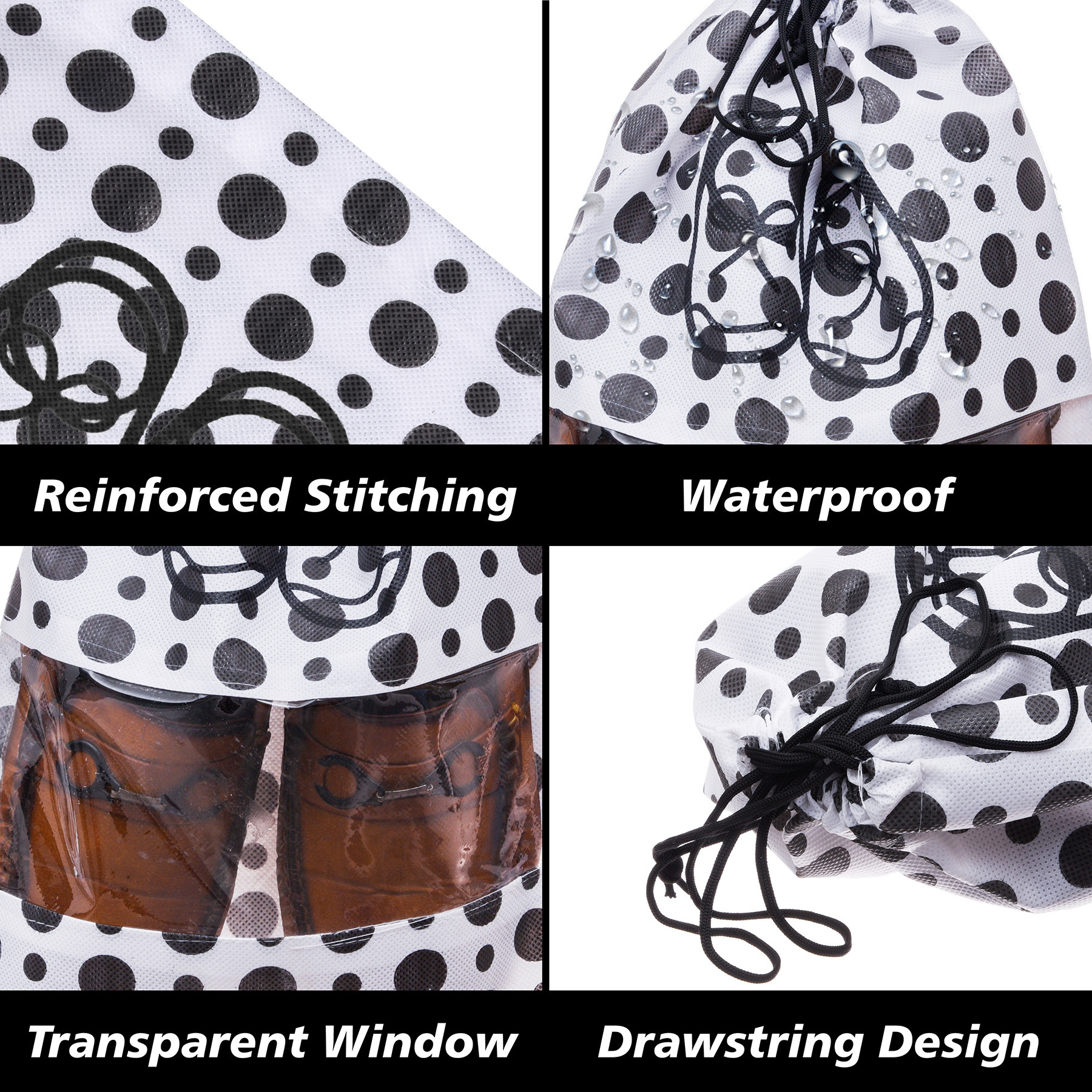 Kuber Industries Shoe Cover  Travel Shoe Storage Bags  Non-Woven Storage Bags  Shoe Cover with Drawstring  Shoe Organizer with Clear window  Black Dot-Design  Pack of 6  White