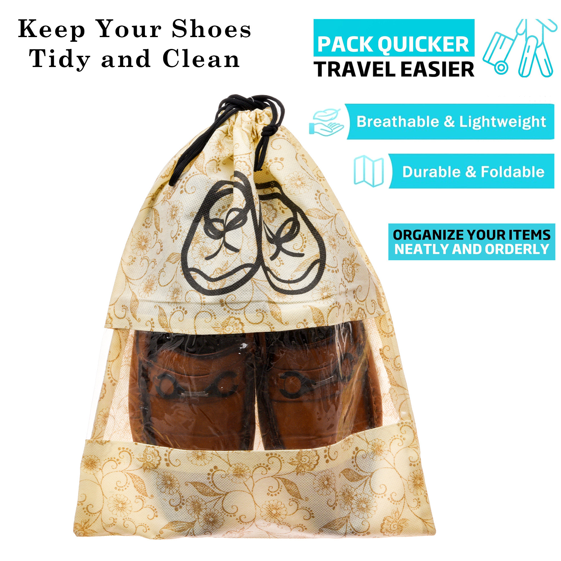 Kuber Industries Shoe Cover  Travel Shoe Storage Bags  Non-Woven Storage Bags  Shoe Cover with Drawstring  Shoe Organizer with Clear window  Leaf-Design  Pack of 6  Cream