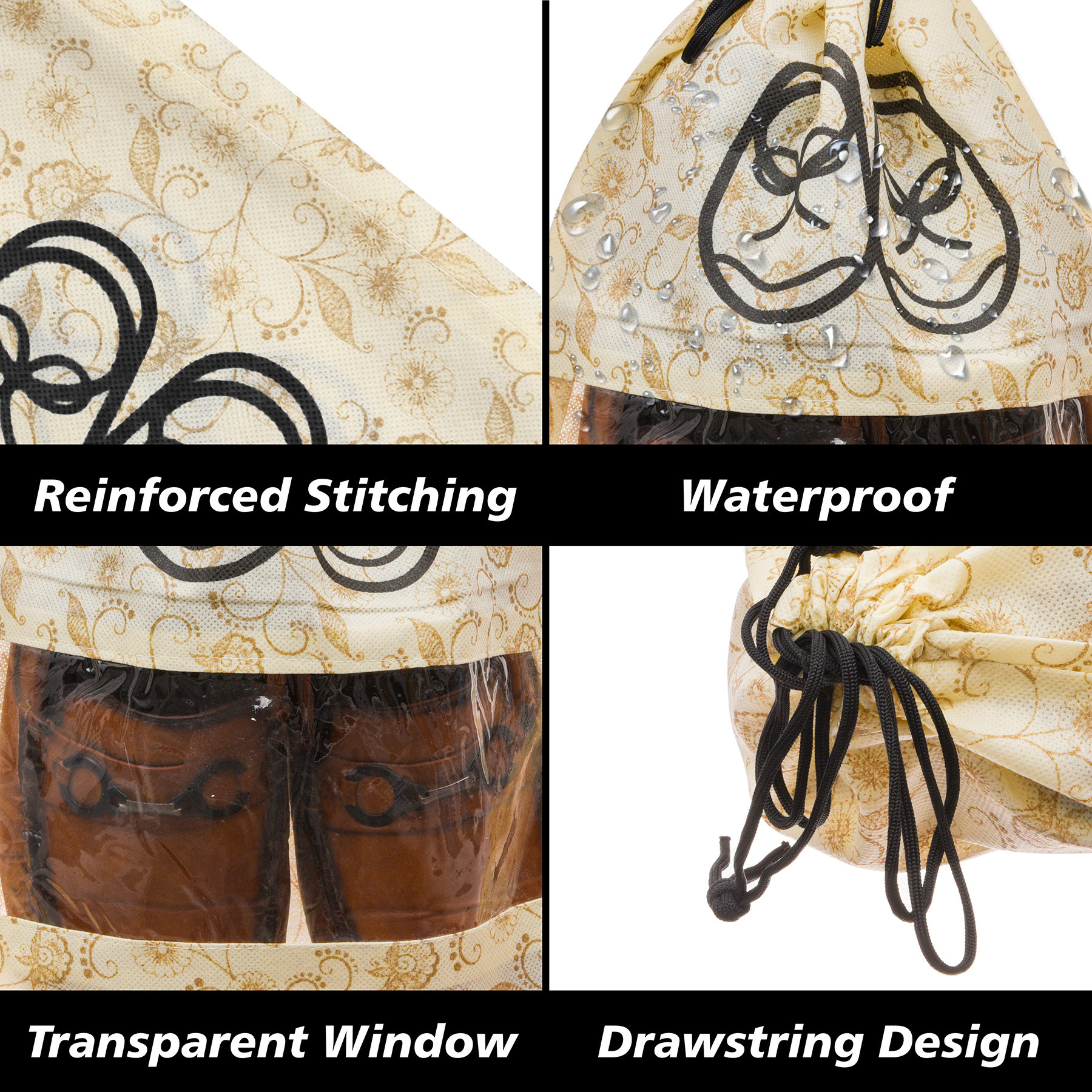 Kuber Industries Shoe Cover  Travel Shoe Storage Bags  Non-Woven Storage Bags  Shoe Cover with Drawstring  Shoe Organizer with Clear window  Leaf-Design  Pack of 6  Cream