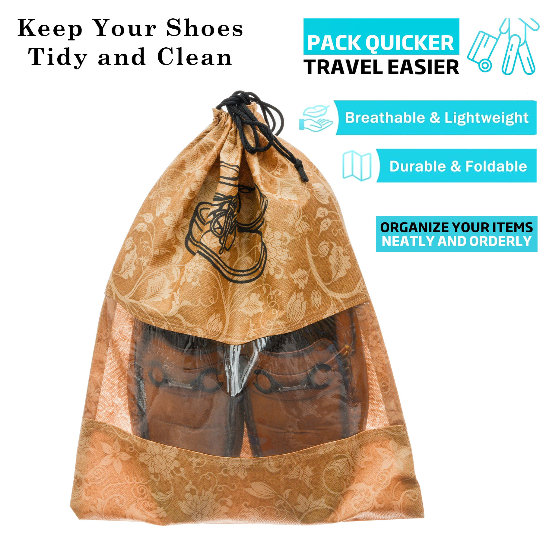 Kuber Industries Shoe Cover  Travel Shoe Storage Bags  Non-Woven Storage Bags  Shoe Cover with Drawstring  Shoe Organizer with Clear window  Flower-Design  Pack of 6  Brown