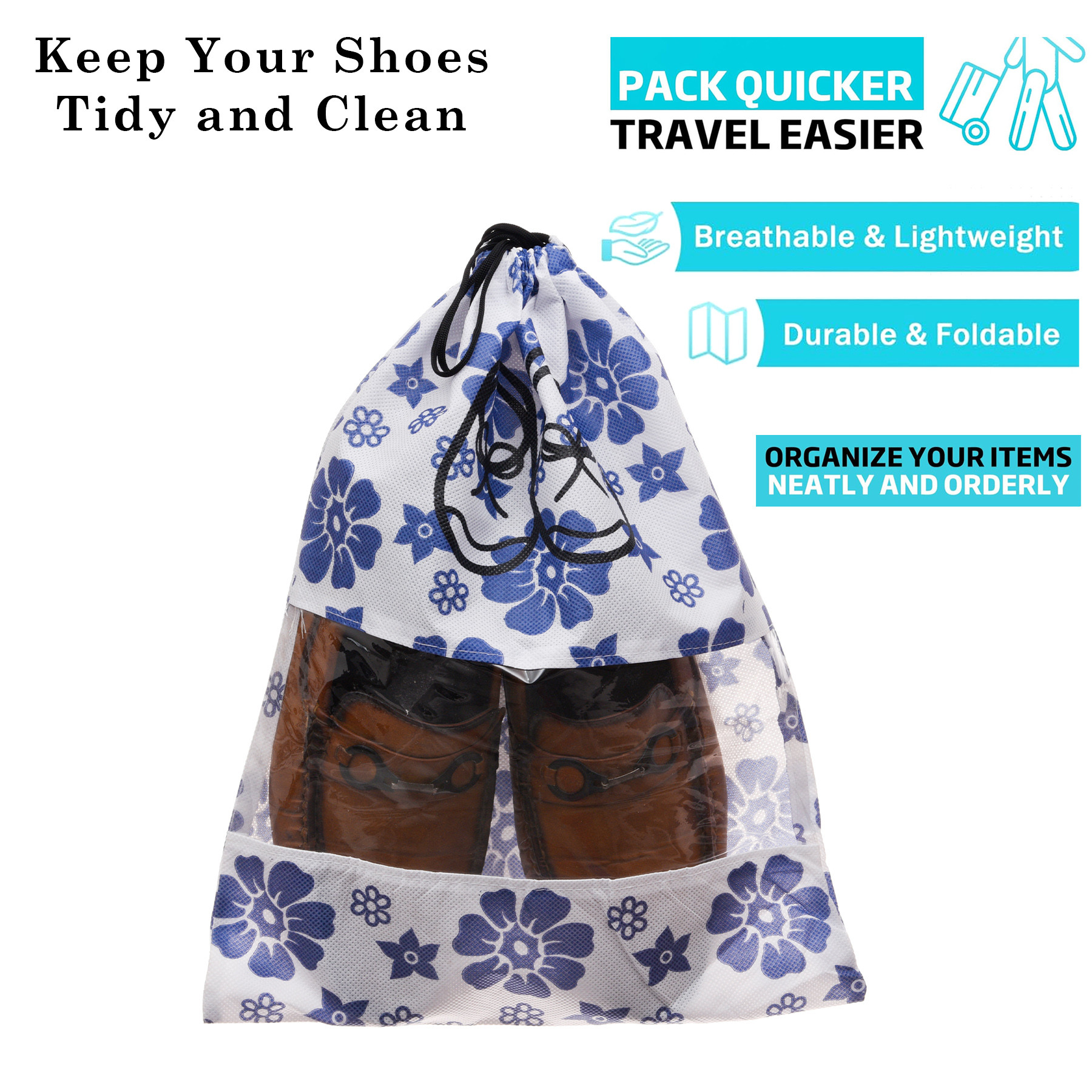 Kuber Industries Shoe Cover  Travel Shoe Storage Bags  Non-Woven Storage Bags  Shoe Cover with Drawstring  Shoe Organizer with Clear window  Blue Flower-Design  Pack of 6  White