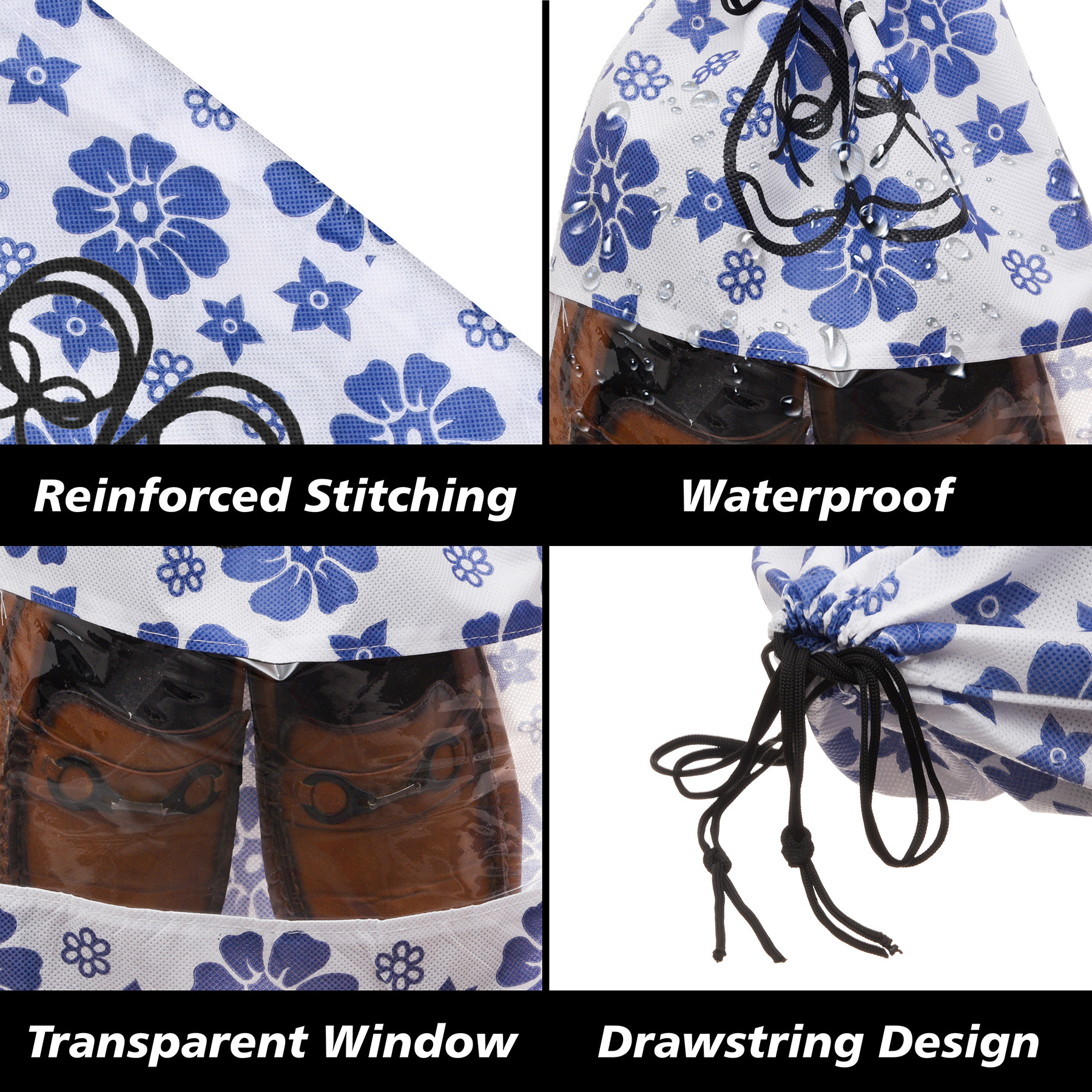 Kuber Industries Shoe Cover  Travel Shoe Storage Bags  Non-Woven Storage Bags  Shoe Cover with Drawstring  Shoe Organizer with Clear window  Blue Flower-Design  Pack of 6  White