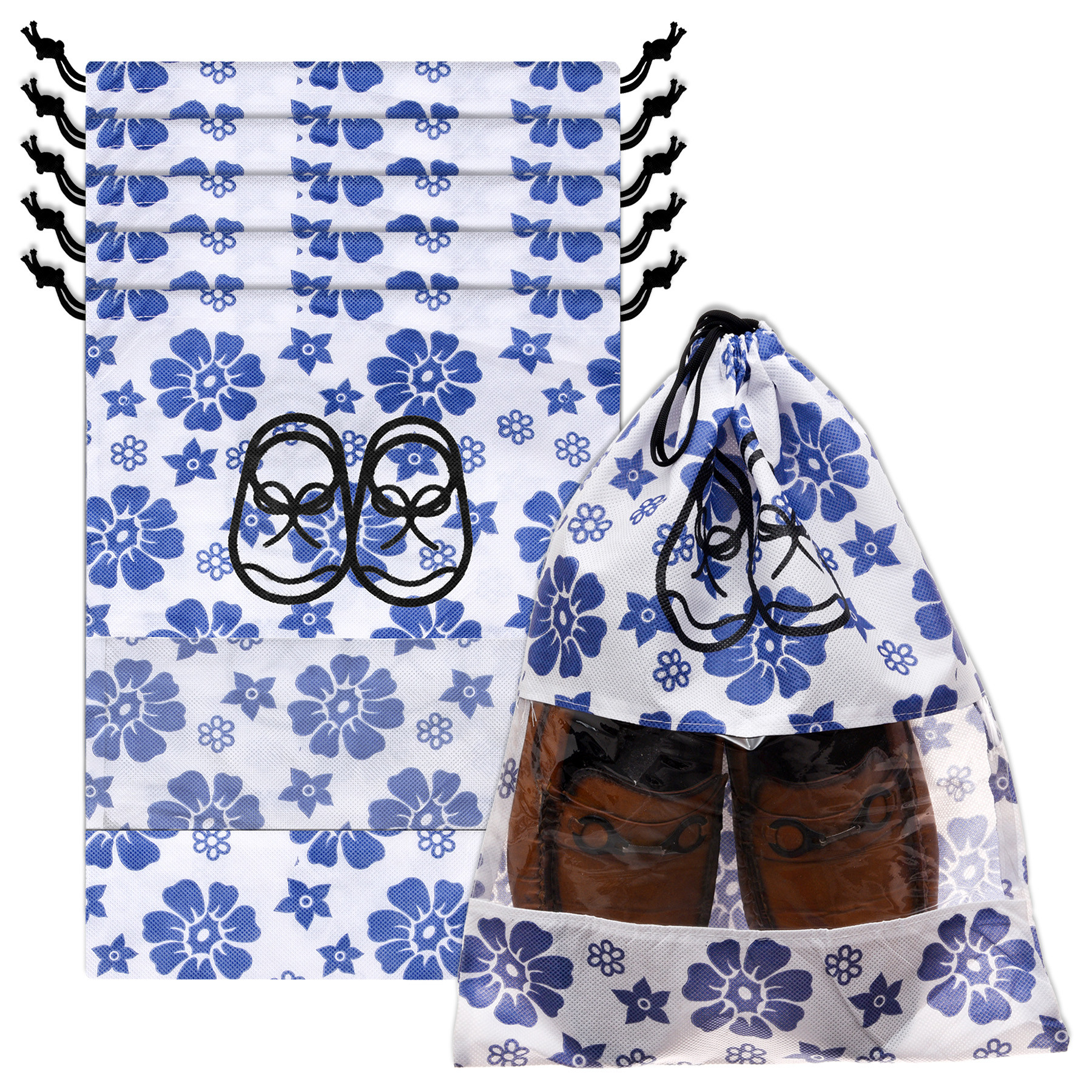 Kuber Industries Shoe Cover | Travel Shoe Storage Bags | Non-Woven Storage Bags | Shoe Cover with Drawstring | Shoe Organizer with Clear window | Blue Flower-Design | White