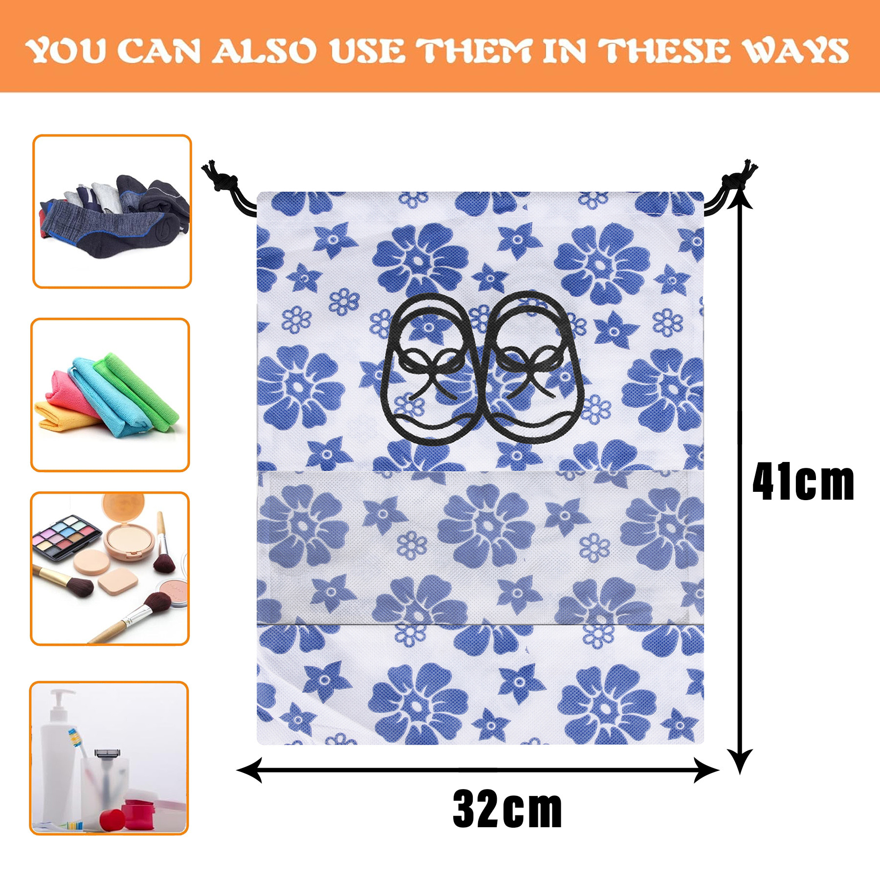 Kuber Industries Shoe Cover | Travel Shoe Storage Bags | Non-Woven Storage Bags | Shoe Cover with Drawstring | Shoe Organizer with Clear window | Blue Flower-Design | White