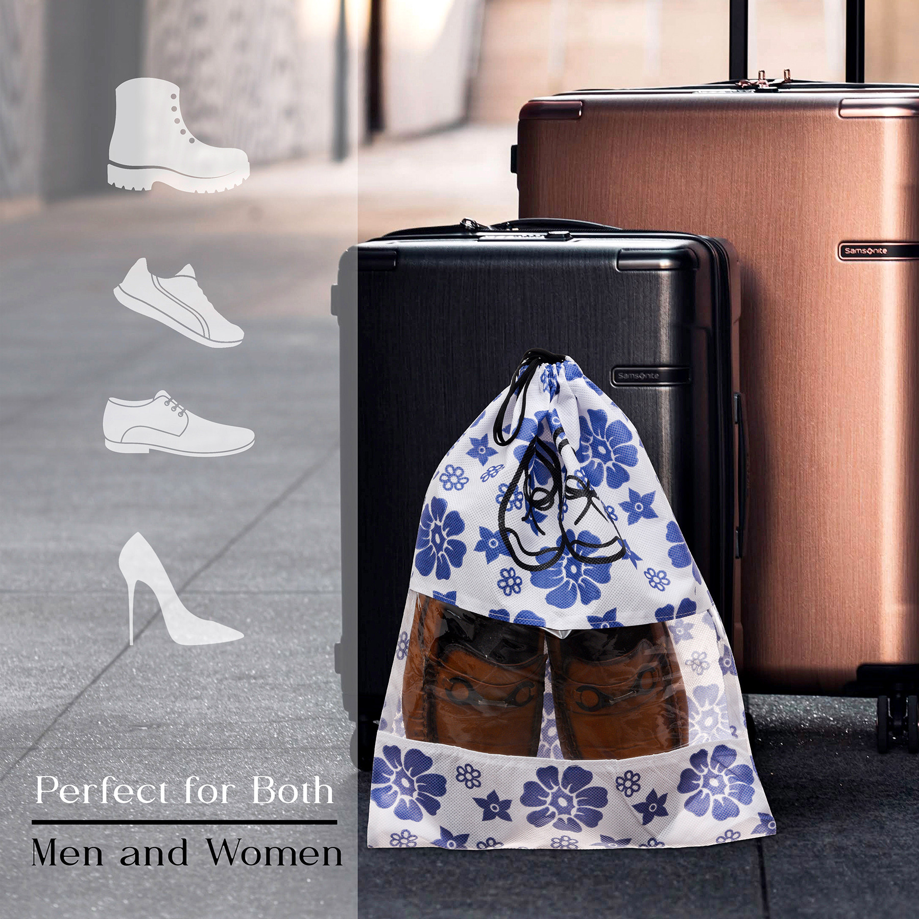 Kuber Industries Shoe Cover | Travel Shoe Storage Bags | Non-Woven Storage Bags | Shoe Cover with Drawstring | Shoe Organizer with Clear window | Blue Flower-Design | White